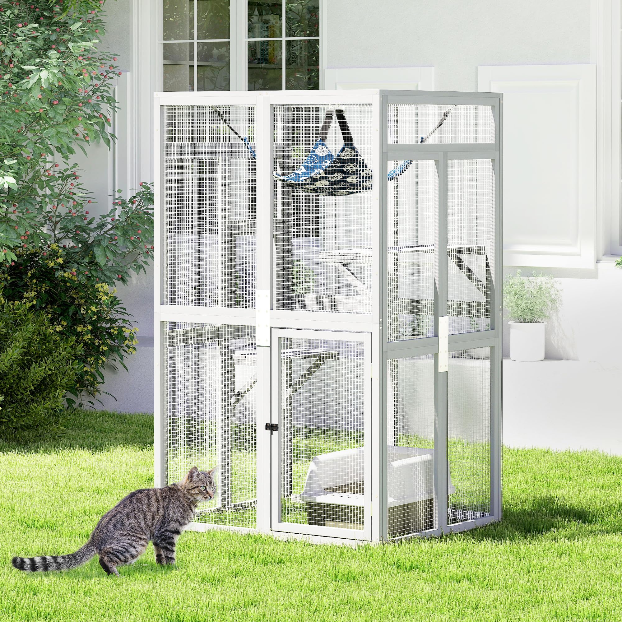 Catio Outdoor Cat Enclosure - Premium Wooden Cat Catio with Window Access & Breathable Mesh, Weatherproof Kitty House for Patio/Backyard/Indoor (White