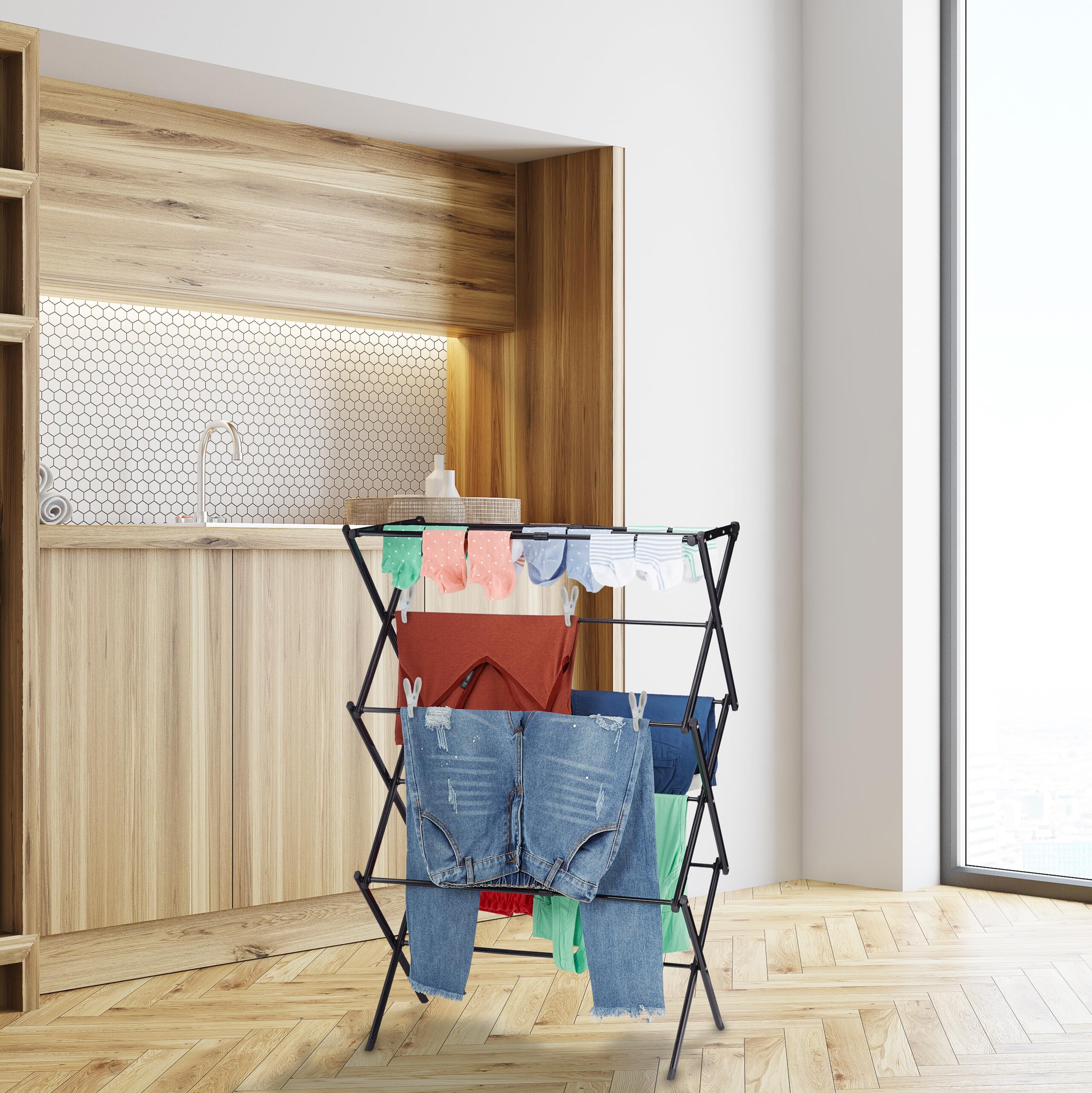 Relaxdays Tendedero Plegable, Extensible, 11 Varillas, 6 Niveles, Soporte para Colada Metálico, Tipo Torre, Negro