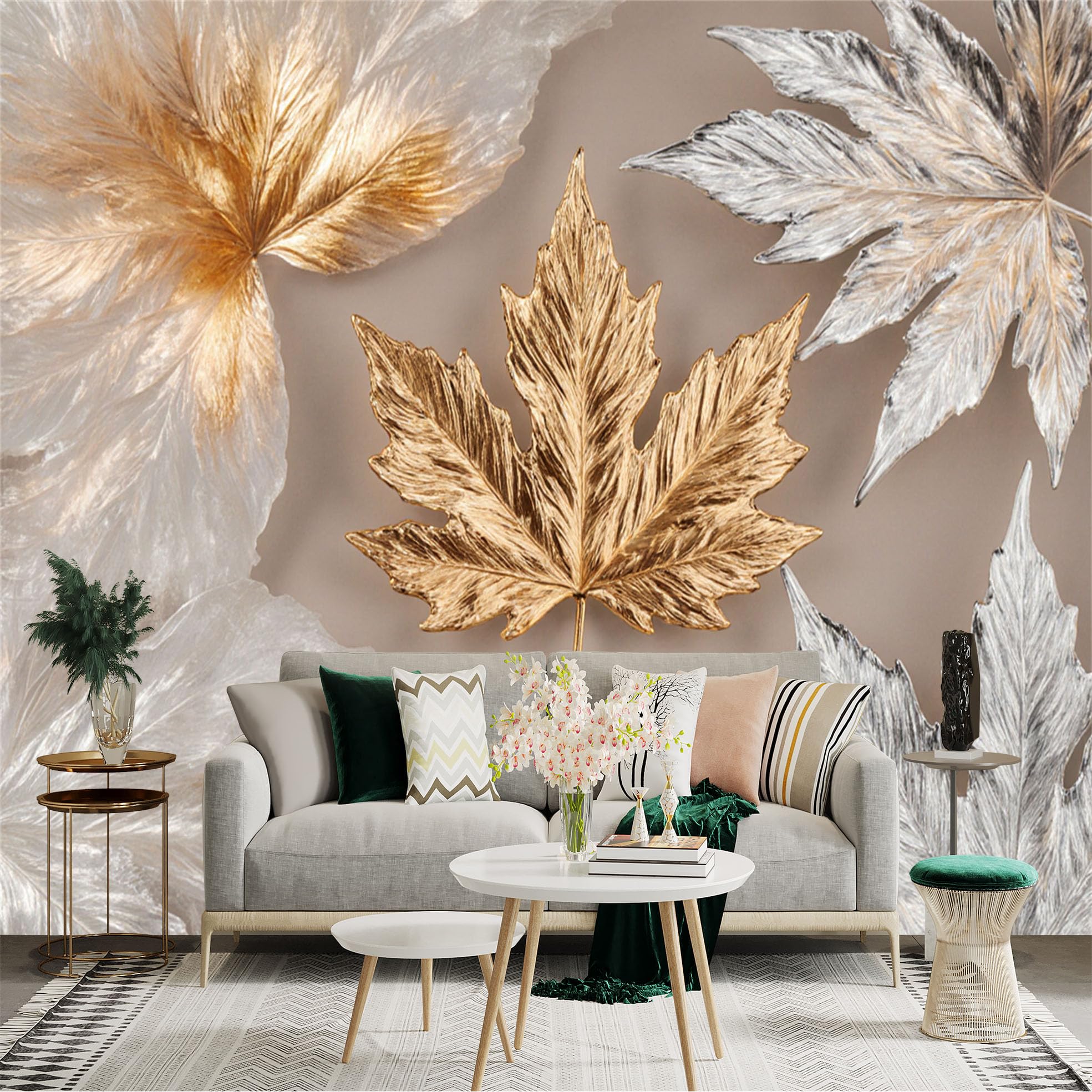 Custom Size Wall Sticker Mural， Metallic Gold and Silver Leaves， Modern Botanical Art， Luxurious Foliage Decor， for wall Decoration， peelandstick wall Decals.