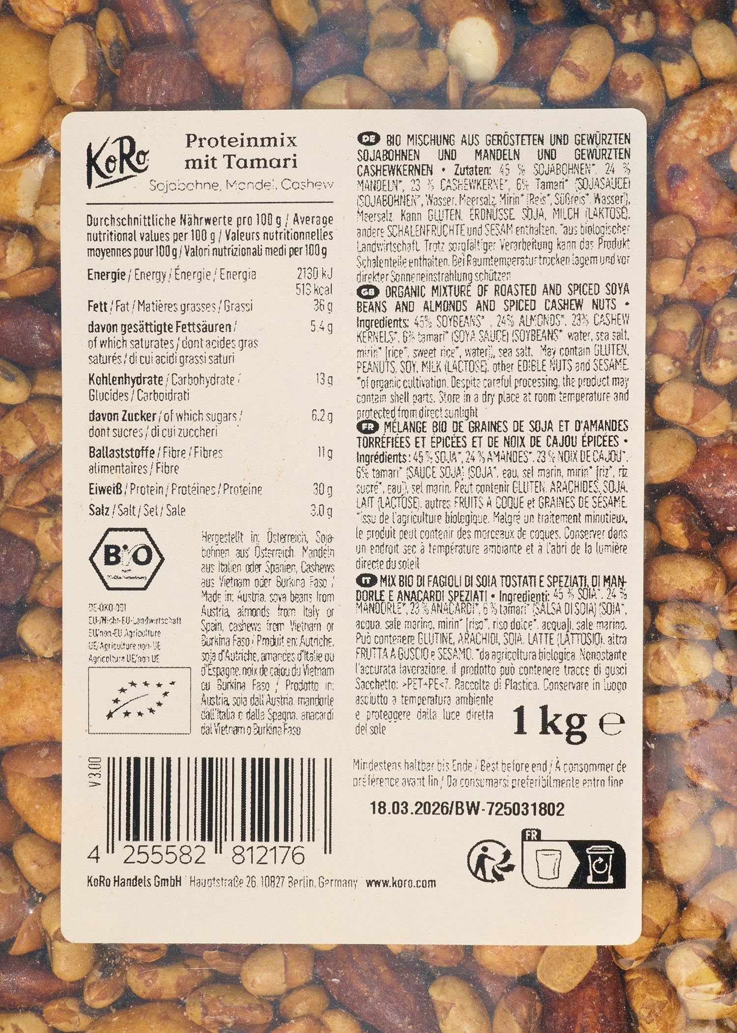 KoRo - Bio Proteinmix mit Tamari - Mit Sojabohnen, Mandeln und Cashewkernen - Würzig-nussiger Geschmack - Vegan