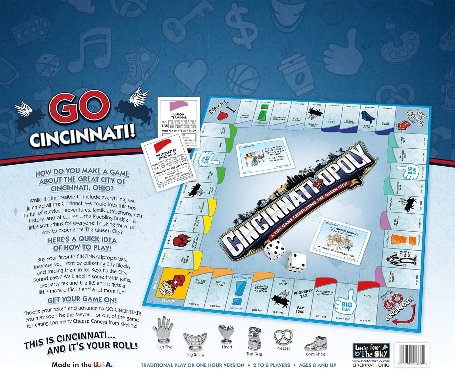 Late for The Sky Cincinnati-Opoly Board Game – Family Strategy Game for 2-6 Players, Opoly-Style City Landmarks, Fast One-Hour Option, Fun Gift for Adults and Kids 8+