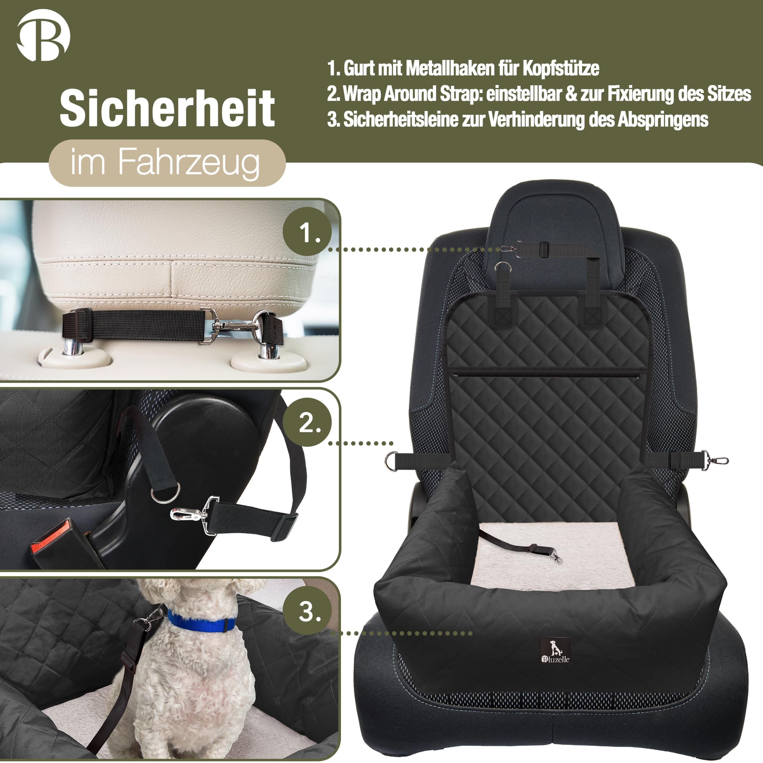 Hunde Autositz & Hundebett 2-in-1 für Auto Rückbank & Vordersitz - TRAVELBUDDY Wasserfest, rutschfest & Waschbar - Inkl. Sicherheitsgurt & Oxford-Stoff - Marke aus Berlin, Farbe:Schwarz