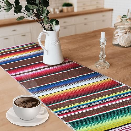 Miniatura 6 de Moukeren 16 caminos de mesa de serape mexicano, 14 x 84 pulgadas, arco iris, bohemio, con flecos, de algodón, decoración de fiesta temática mexicana