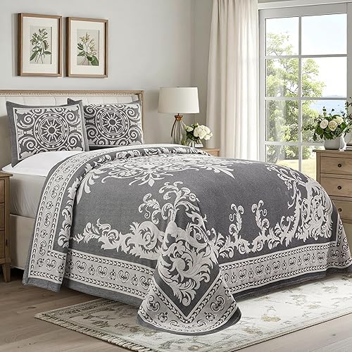 Vista 28 de Superior Cotton Blend 3-Piece Bedspread Set, Oversized Bedspread, 2 Matching Pillow Shams, Light Weight Blanket, Jacquard Traditional Medallion Taupe