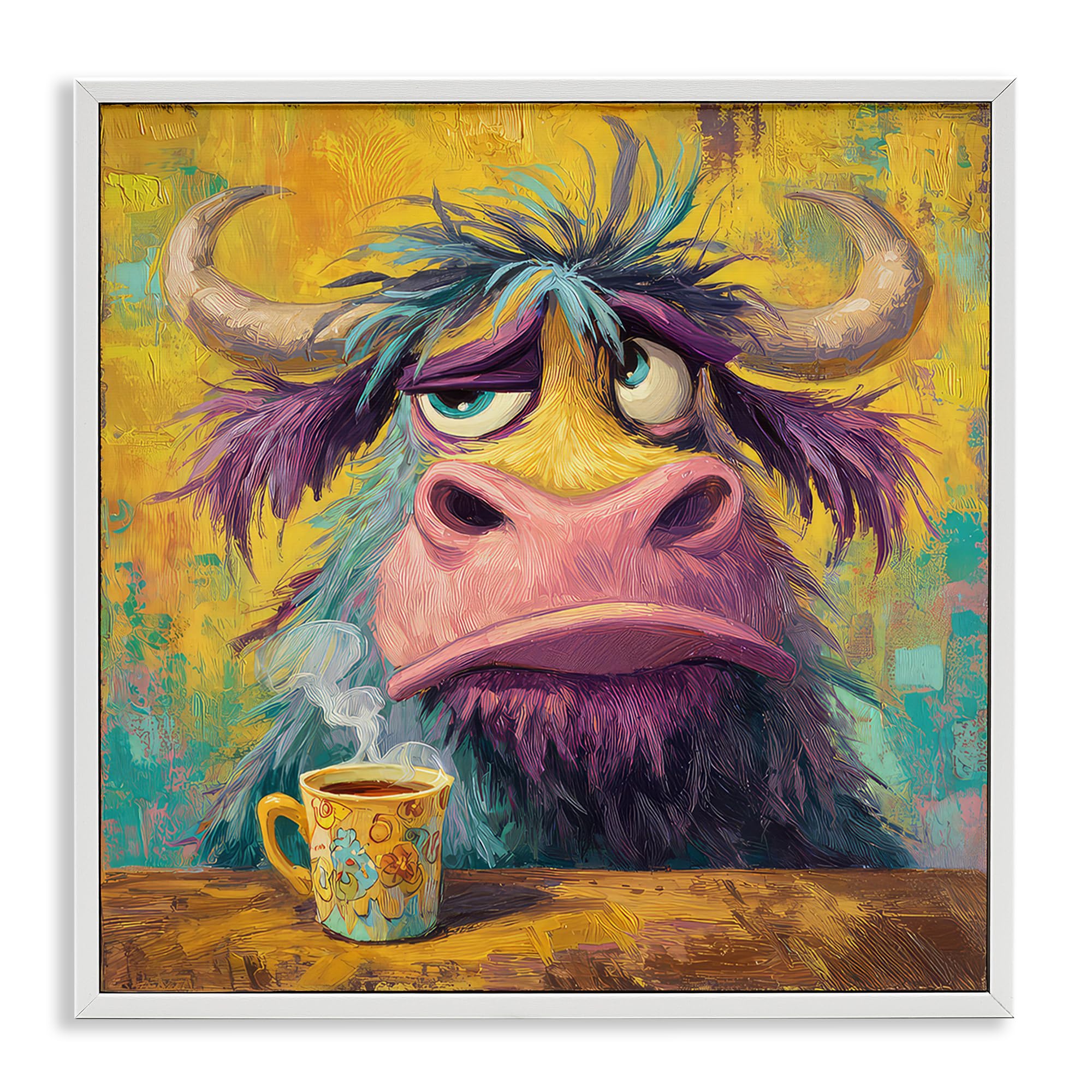 Stupell Industries 'Grumpy Cow & Mug', Framed Giclee Art, White, 17 x 17 Inches, Easy to Hang and Sturdy, Made in USA, by The Wands Want