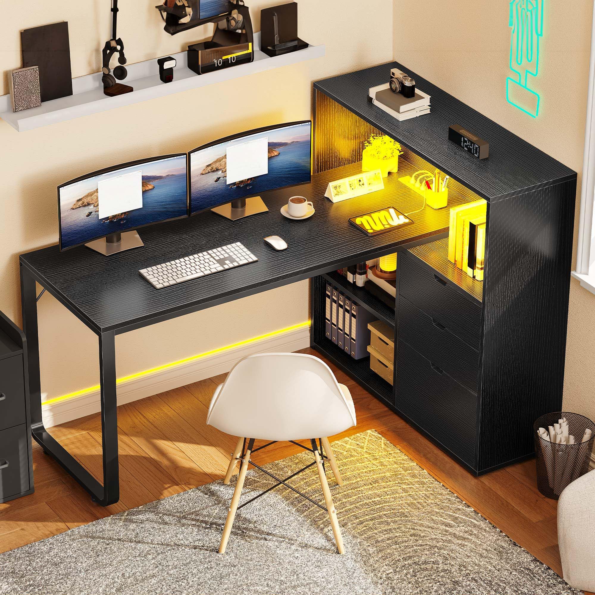 Amazon.com: YITAHOME L Shaped LED Desk with Power Outlets & File