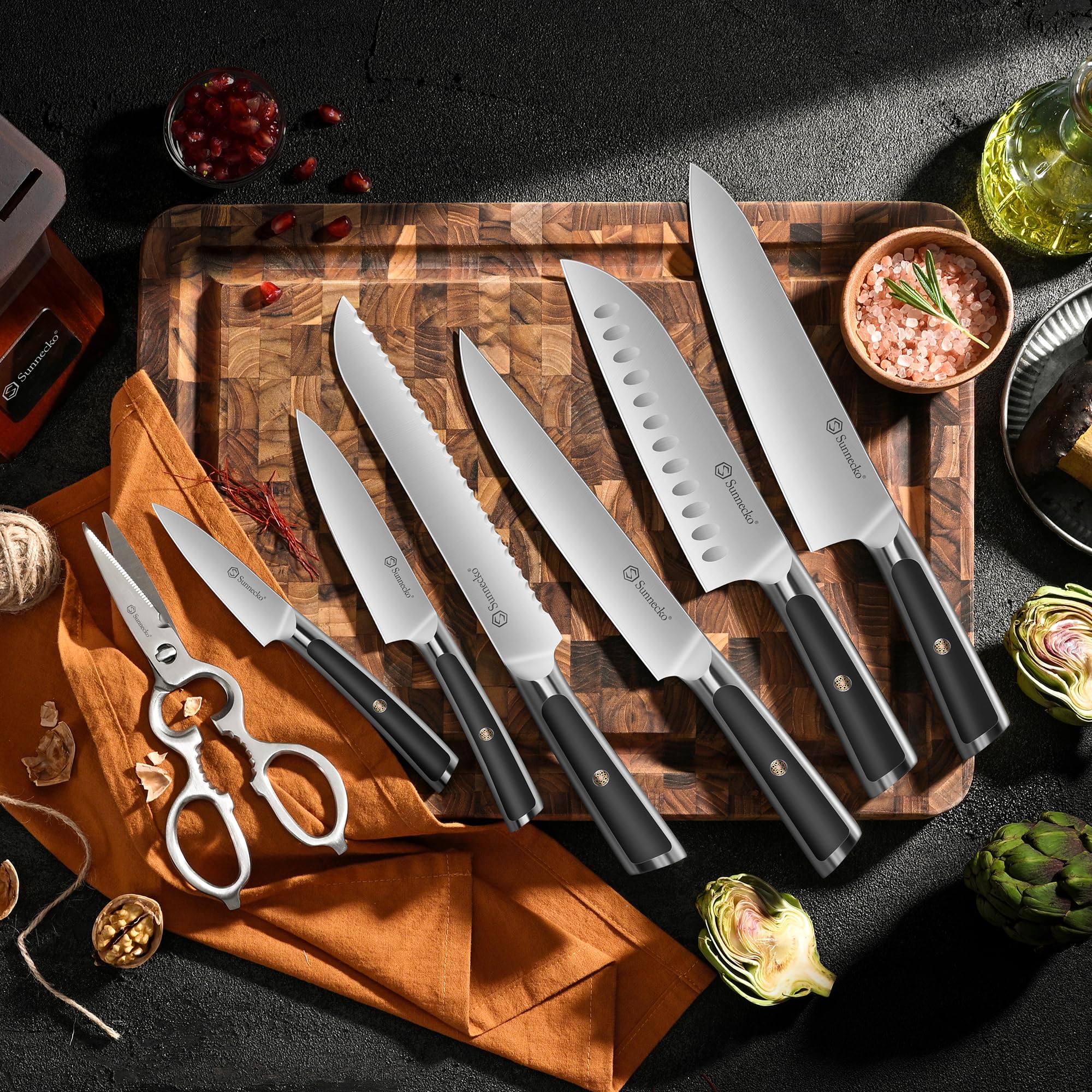 Sunnecko Messerblock set 8 teilig Block Messerset | Küchenmesserset mit Kohlenstoffgehalt Edelstahl, für die Küche mit Holzblock - Kochmesser set mit ergonomischem Griff