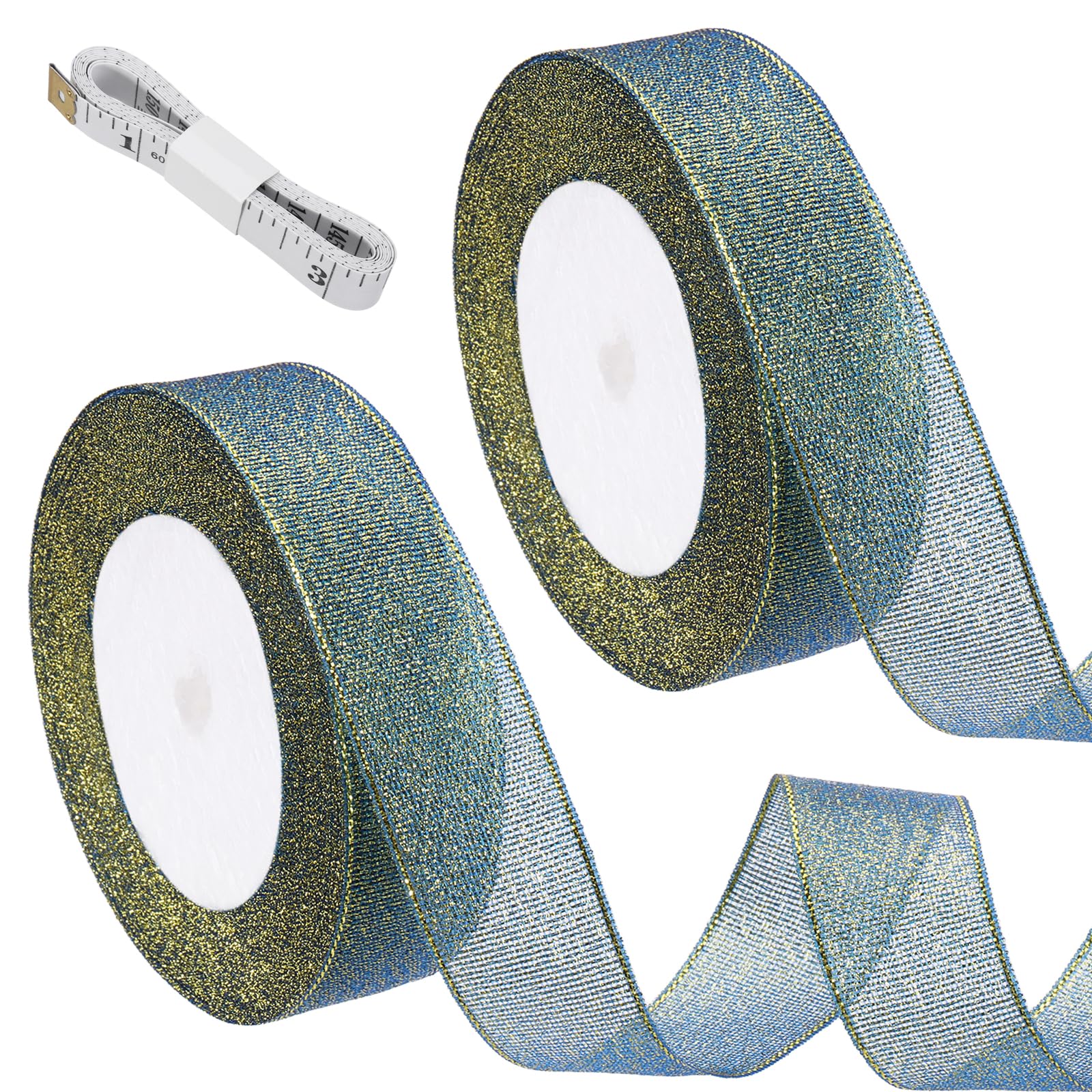sourcing map 2 Roll Dark Blue Glitter Ribbon (22 Meters, 2.5cm Wide) with Gold Thread Sparkly Metallic Fabric Ribbon - Sparkly Practical, for Gift Wrapping Balloons Craft DIY Decor Holiday