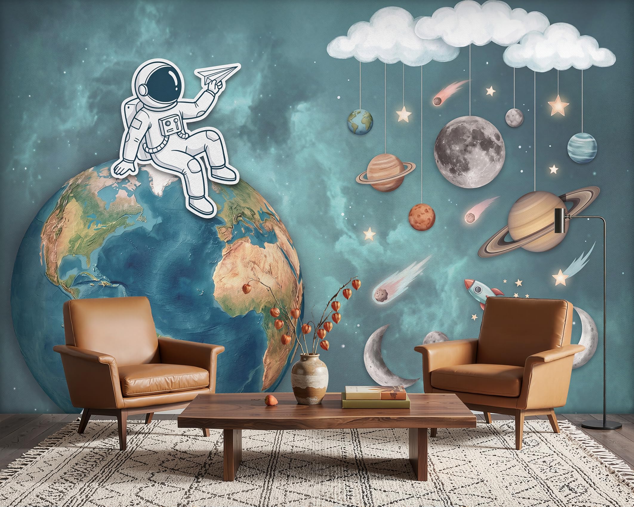 PaxGloz Outer Space Astronaut Wallpaper, Earth Planets Boys Playroom Wall Mural for Living Room & Bedroom Kids Room Nursery, Non-Woven Decorative Wall Art 500x280 cm