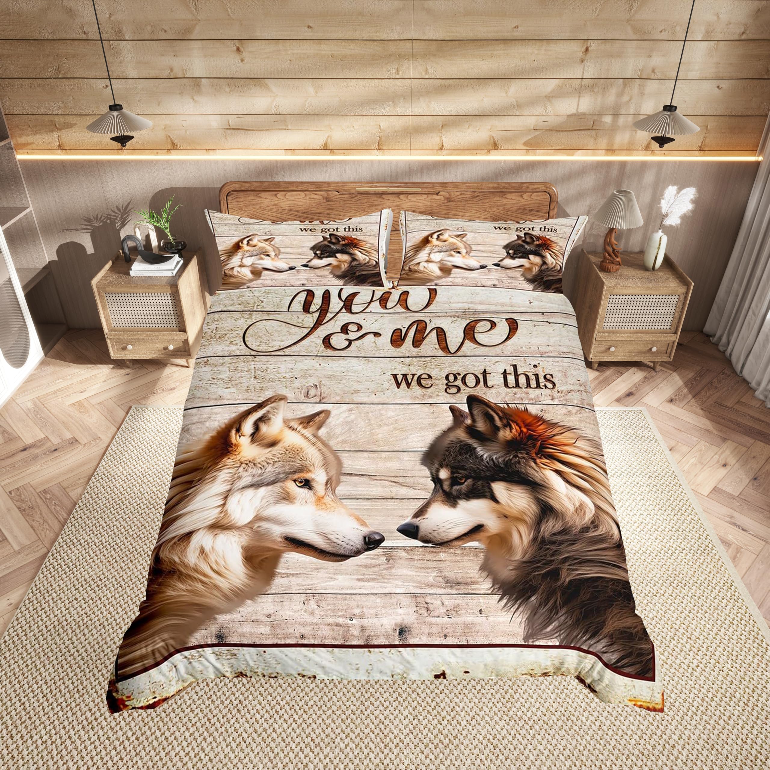 Wild Wolf Kids Duvet Cover Super King Size,Wooden Plank Patchwork Rustic Farmhouse Bedding Set for Boys Girls Room Decor,Nature Wildlife Animals Retro Comforter Cover 2 Pillowcases,No Comforter