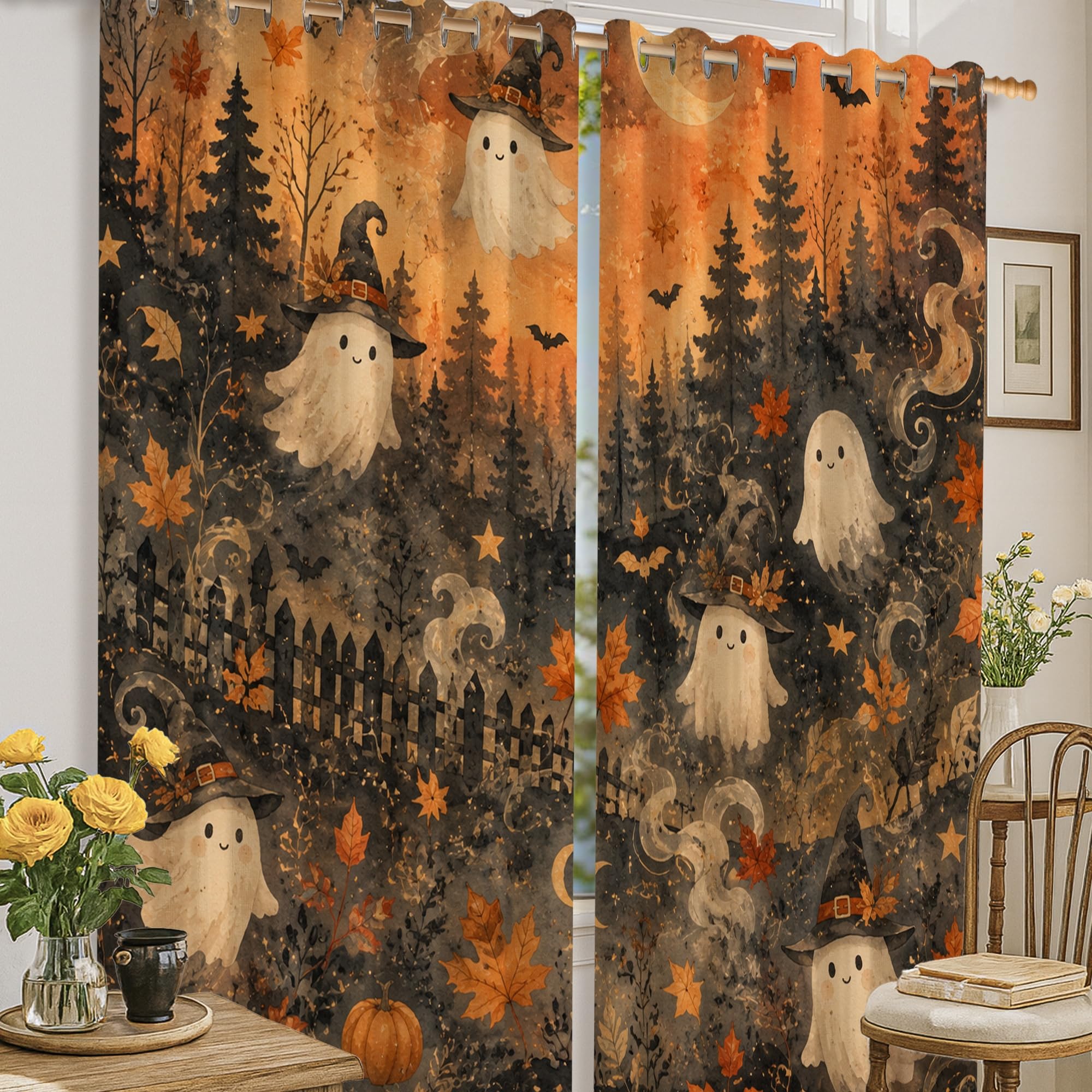 Rideaux occultants isolants contre le froid et la lumière motif fantôme orange pour salon
