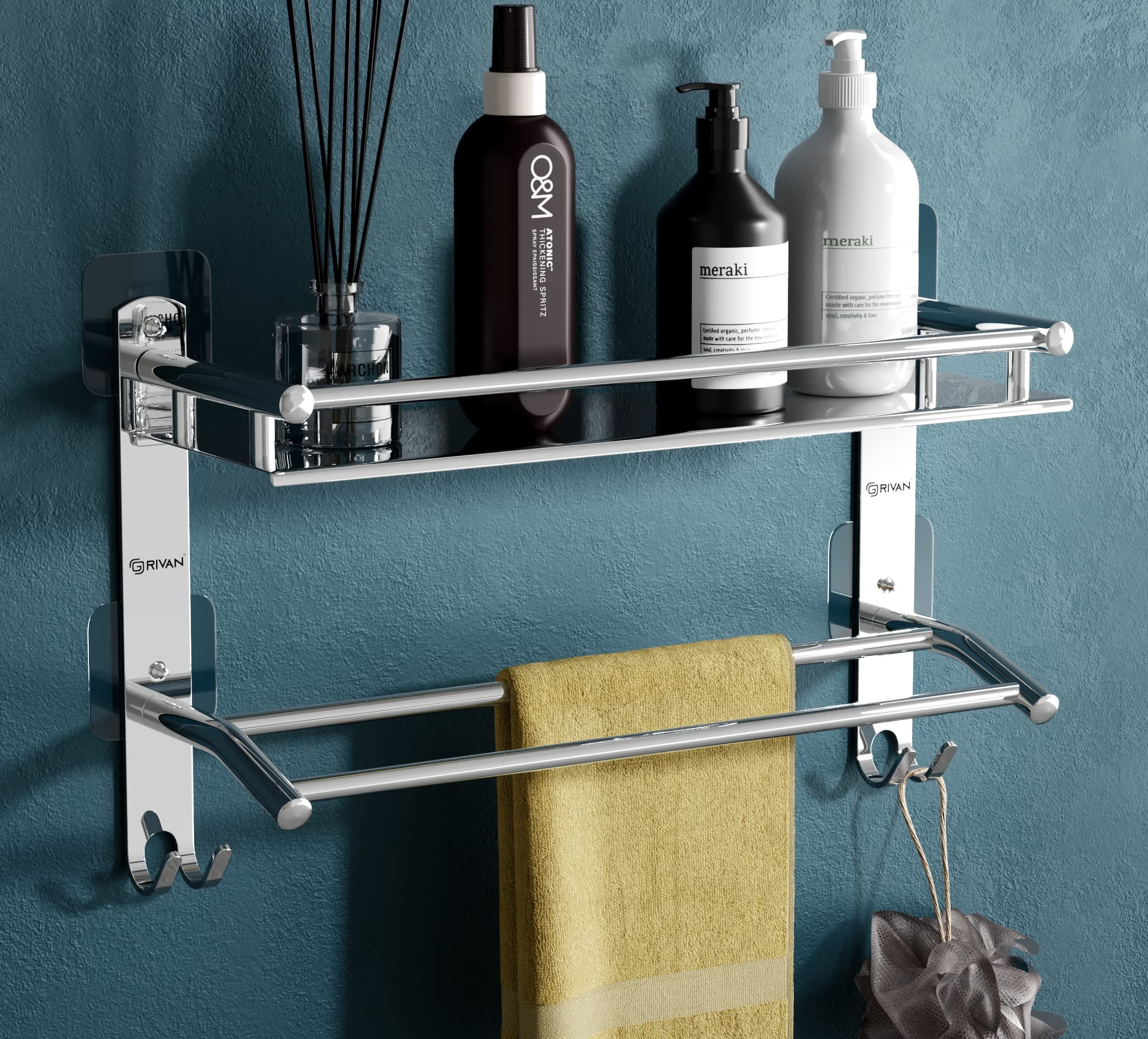 GRIVAN Stainless Steel Multipurpose 2 Layer Shelf Adhesive Organizer for Bathroom Shelf with Double Towel and Loofa Holder Bathroom Accessories (B0C6GMGKVC) Amazon Price History, Amazon Price Tracker