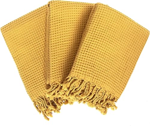 Miniatura 2 de PÜSKÜL - Toallas de baño turcas finas, de algodón orgánico ultra suave, tejido de gofre, 67 x 33 pulgadas, paquete de 3 (amarillo mostaza, 3)