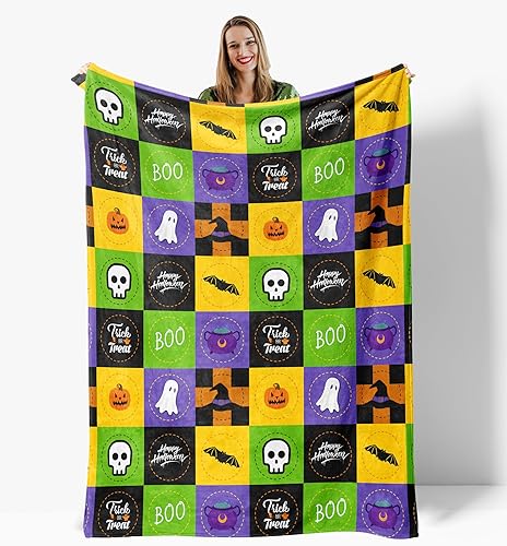 Miniatura 1 de Bonita manta de Halloween a cuadros hecha en Estados Unidos, manta de forro polar espeluznante cálida y suave, para decoración de Halloween, regalos