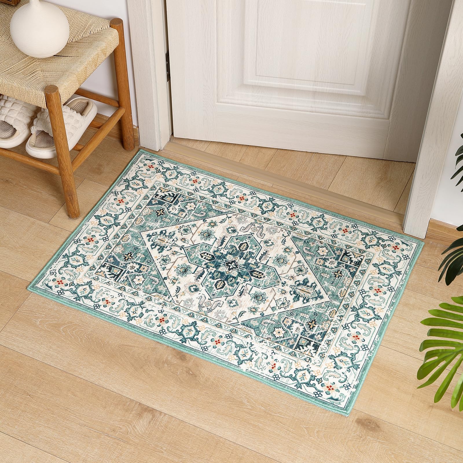 VK VK·LIVING Entryway Washable Rug 2'x3' Small Boho Bathroom Throw Area Rug Non Slip Backing Doormat Indoor Front Door Rug Machine Washable Rug for Bathroom Kitchen Area Rugs Vintage Carprt, (Green)