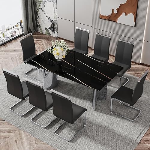 Miniatura 4 de NicBex Mesa de comedor contemporánea de cocina rústica de 31.50 pulgadas, moderna mesa de centro octogonal con tablero de mármol negro impreso, base