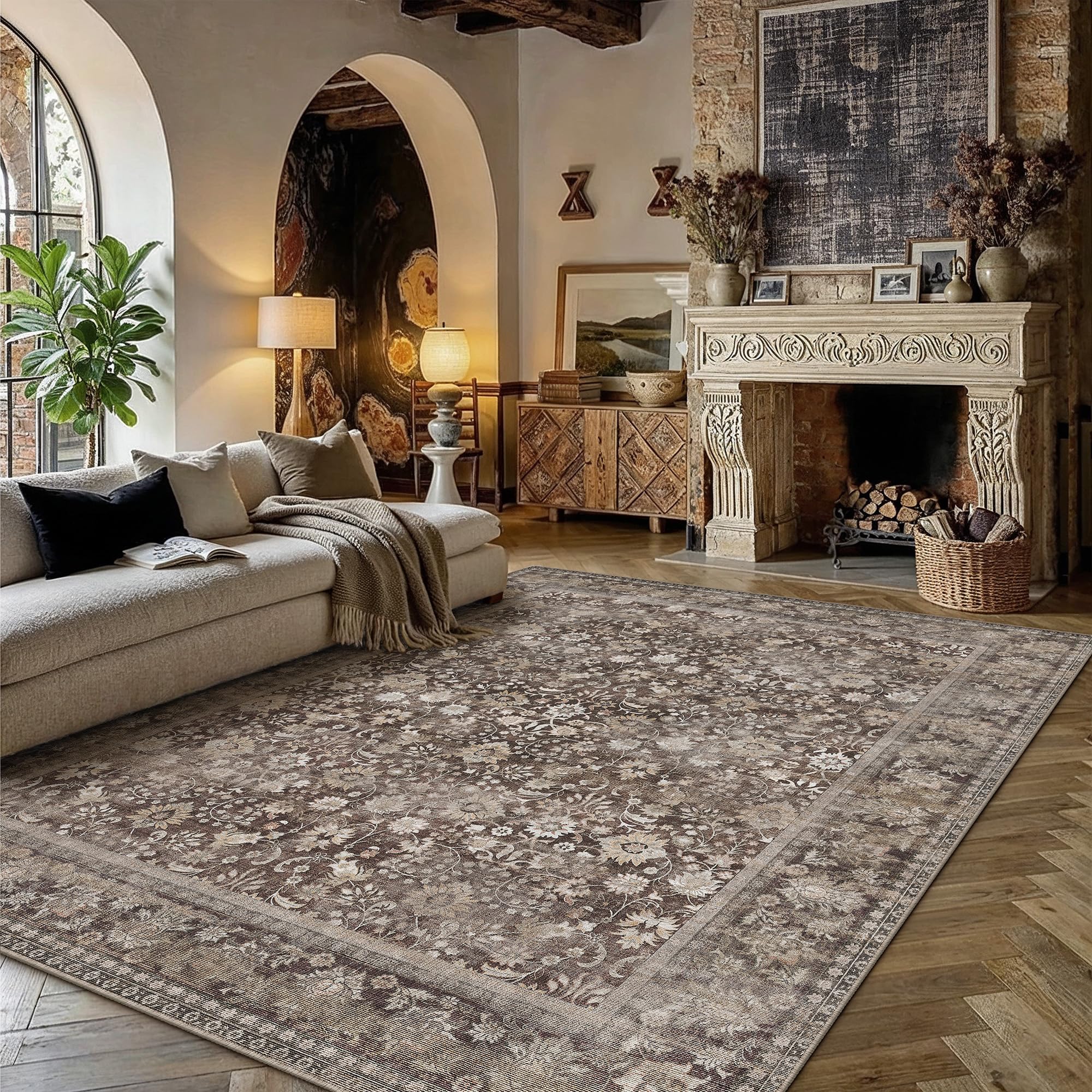 hugear 8x10 machine washable rugs coffee brown hallway large area rug indoor accent rug floral low pile carpet soft throw aesthetic rug bedroom living room office dining room kitchen laundry room