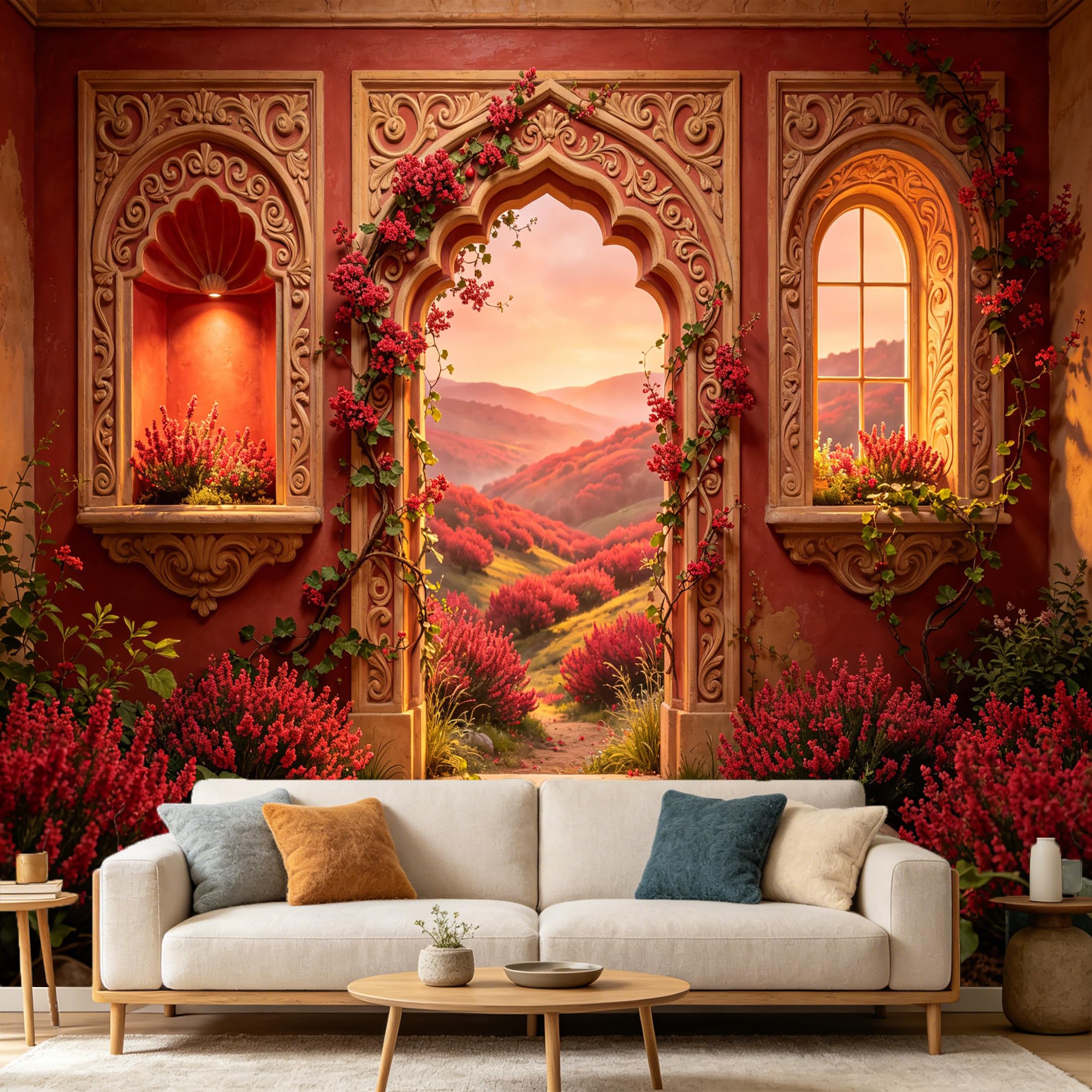 Custom Size Wall Mural， Mediterranean Sunset Archway Red Floral Landscape 3D Trompe L'Oeil， SelfAdhesive Art Prints wall Fabric Removable Large Wallpaper Home Living Room Decor