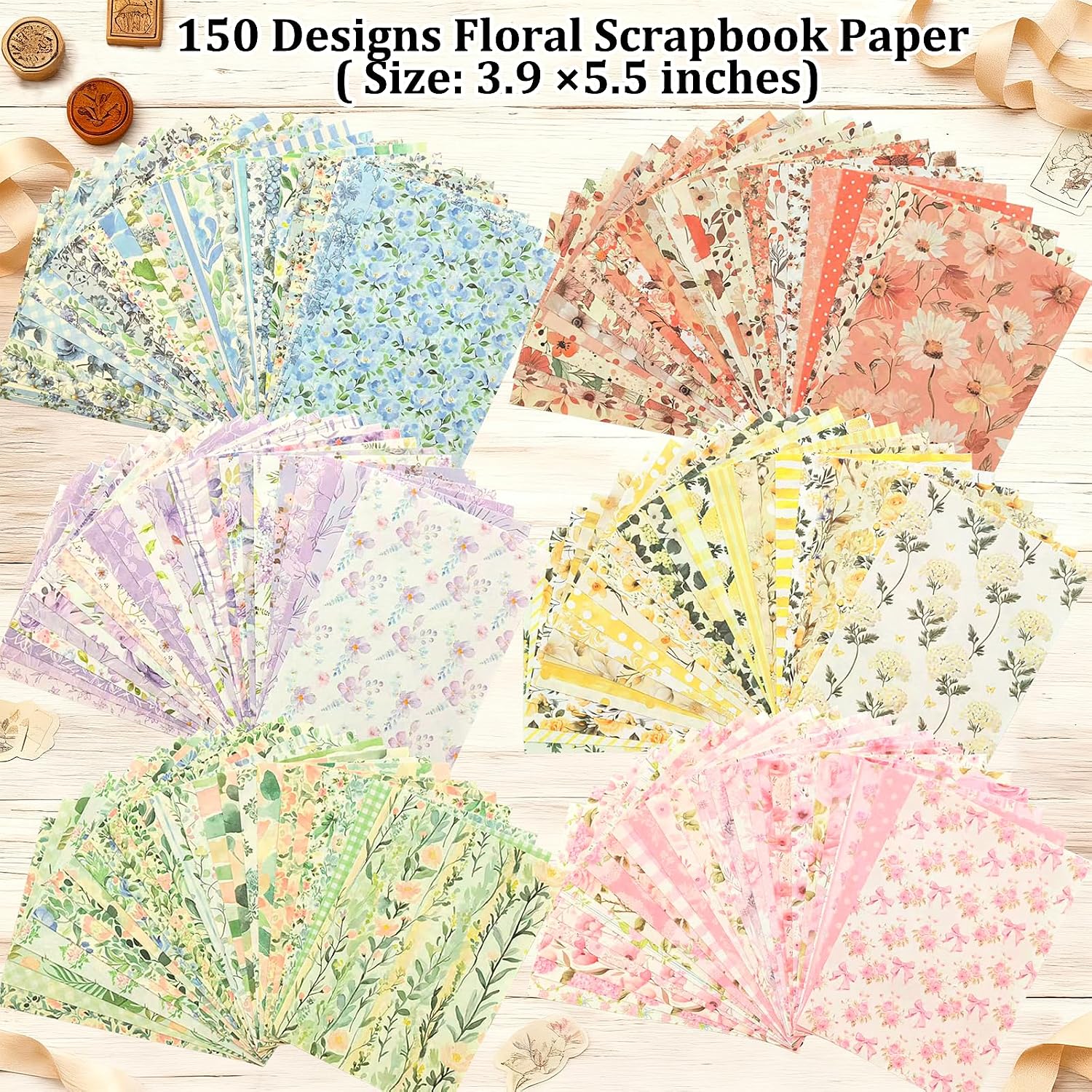 Flartmo Scrapbook Supplies Kit with 246 Sheets Textured & Floral Scrapbook Paper, 50 Pcs Flower Scrapbook Sticker & 3 Rolls Double-Sided Tape for Scrapbooking, Junk Journal, Card Making, Embellishment
