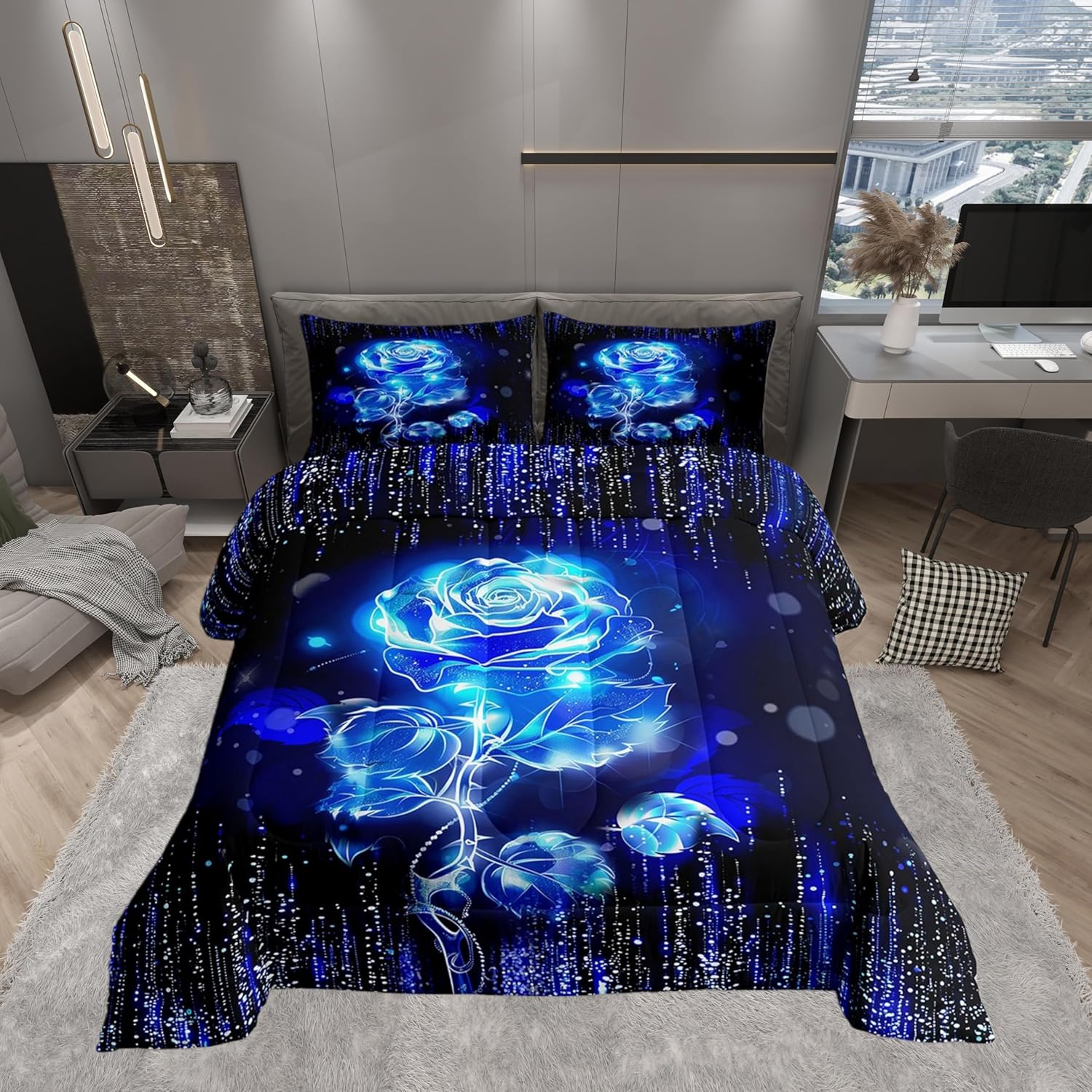 Rose Floral Comforter Set King Size,Blue Flame Flowers Shiny Sequins Bedding Set All Season Quilt Set,Sparkling Glitter Dots Starlight Microfiber Polyester Down Comforter
