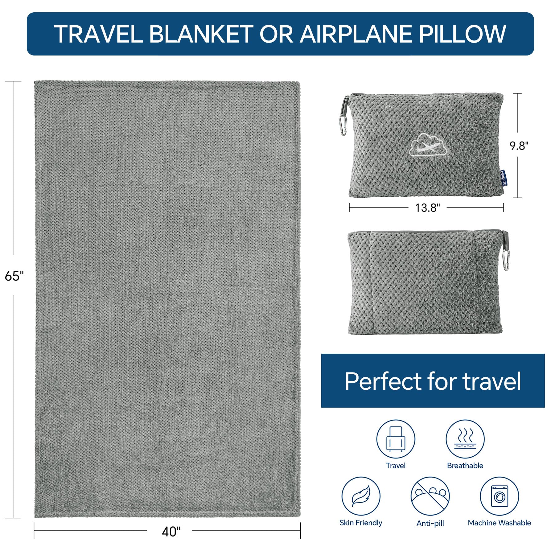 BEDELITE Travel Blanket with Bag, Jacquard Fleece Blanket 65"x40", Grey view 5