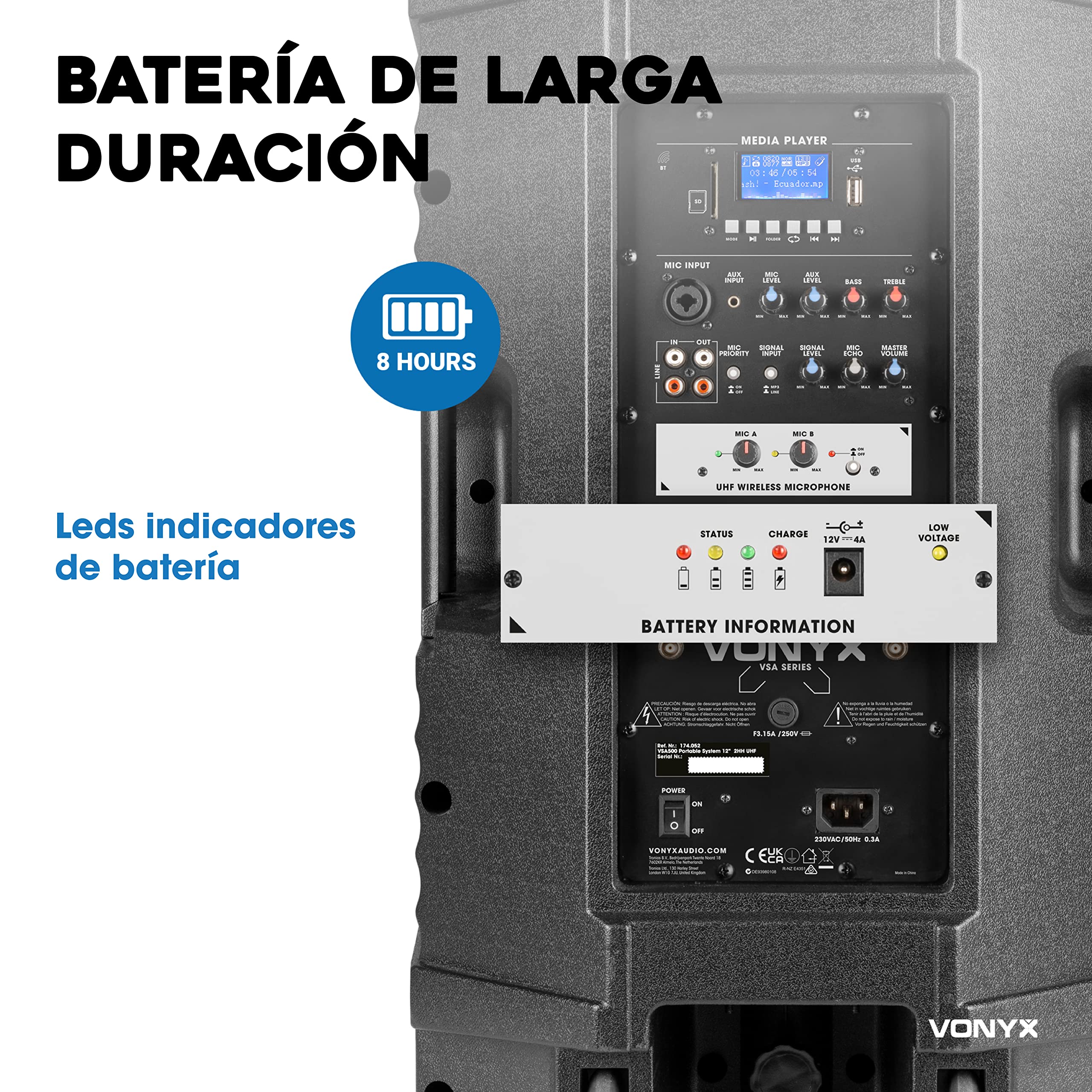 Vonyx VSA700 – Altavoz Bluetooth Grande Potente 15" 1000W con 2 micrófonos inalámbricos UHF, batería Recargable, USB, SD y AUX, Altavoz portátil Bluetooth Potente para Karaoke y Fiestas Color Negro