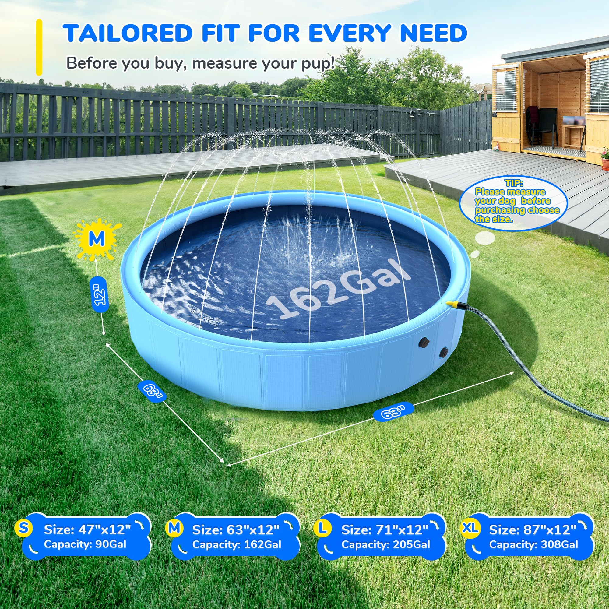 63'' Foldable Dog Pool, Sprinkler Pool for Kids, NonSlip Dog Swimming