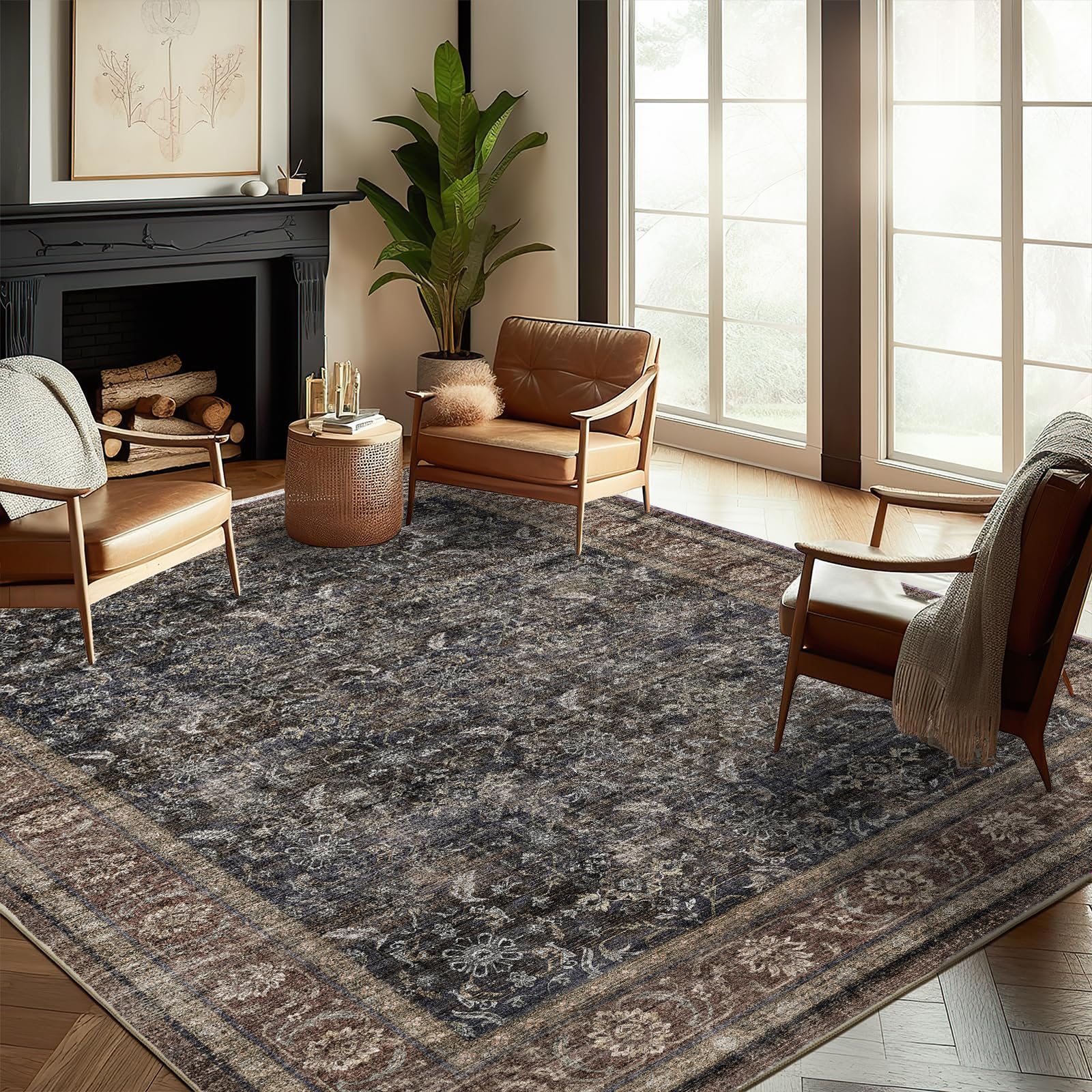 CHAMPLANT Washable Area Rug 9'x12' Retro Boho Design Non-Shedding Easy Care Ideal for High Traffic Areas in Living Room Bedroom Office Coffee Table Kitchen Large Carpet