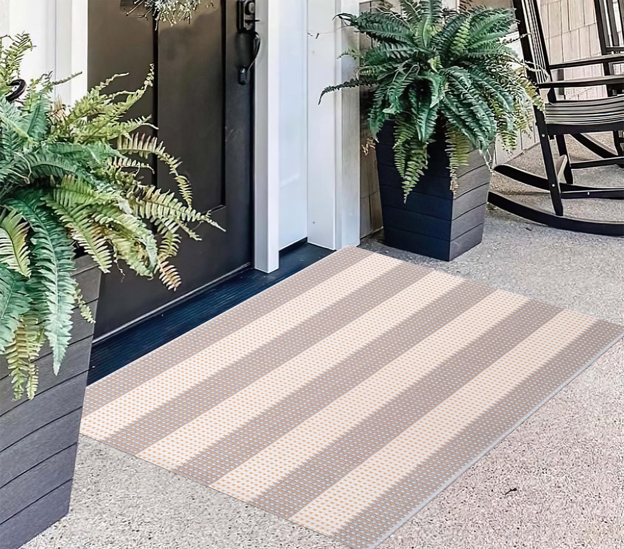 Tapis d'entrée extérieur 60 x 90 cm, rayé Gris et Blanc, Lavable en Machine