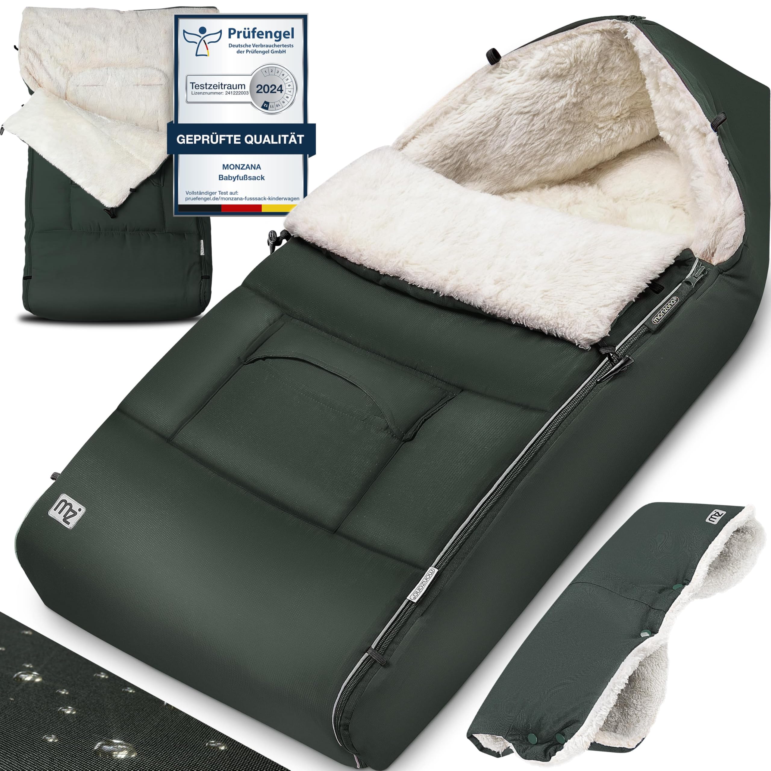 MONZANA® Fußsack für Kinderwagen Baby Winter mit Handwärmer Reflektoren Reißverschluss Buggy Waschbar Babyschale Schlafsack Kuschelig Dunkelgrün