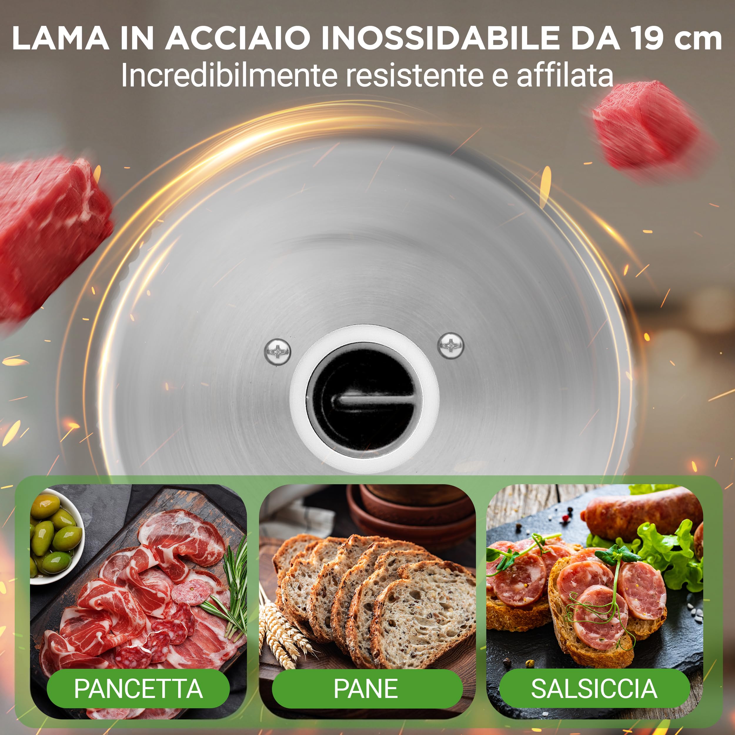 NutriChef Affettatrice Elettrica da Casa 200 Watt, Affetta Carne, Cibi, Affettatrice Salumi e Pane, Spessore Regolabile 0–15 mm, Lama in Acciaio Inox 19 cm Rimovibile, Pressatore di Sicurezza, Nera