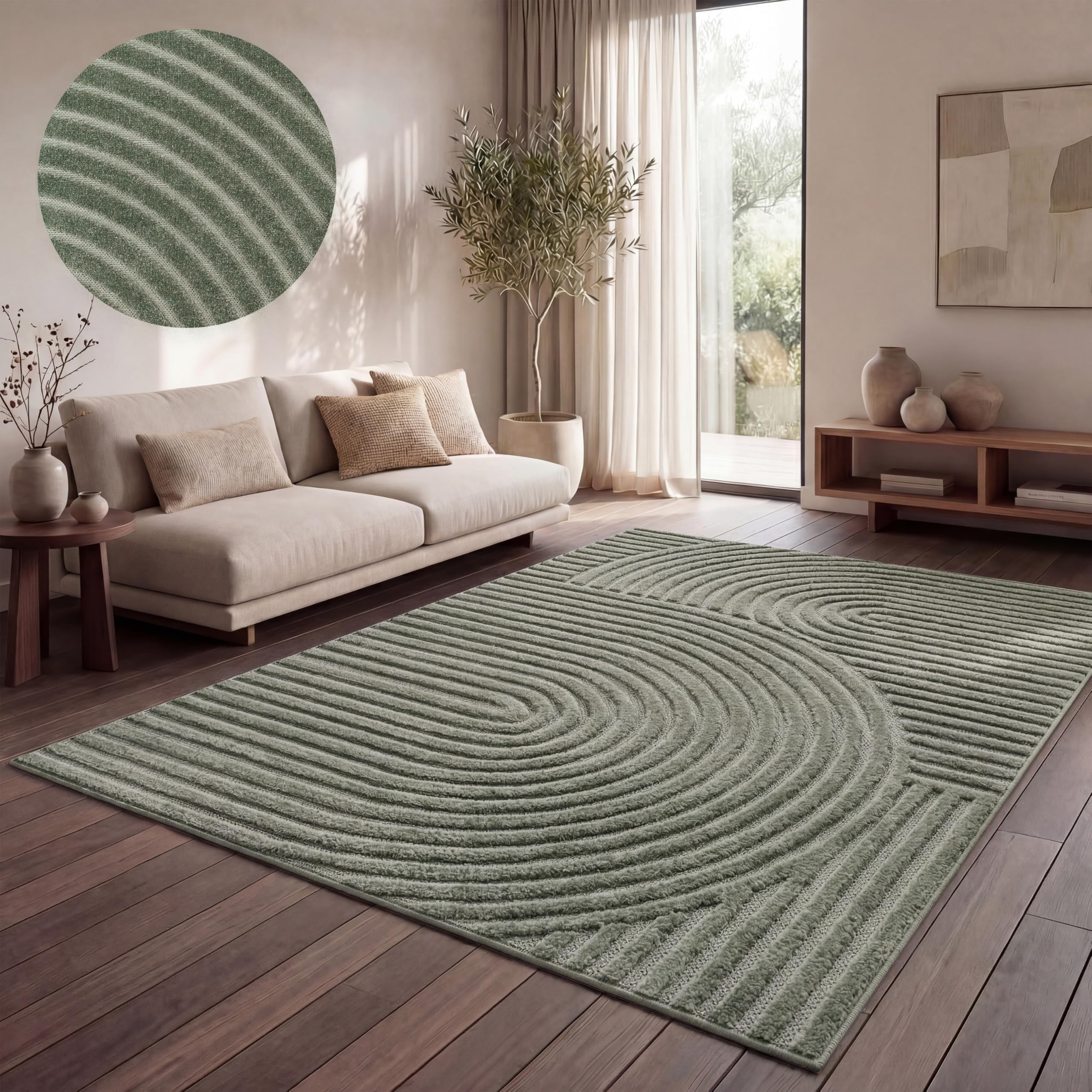 Paco Home Alfombra Salon De Habitacion Cocina Exterior Terraza Jardin Motivo Nordica Motivo Boho Chic Lisa, tamaño:160x230 cm, Color:Verde 3