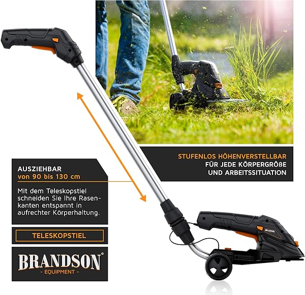 Brandson - Grasschere mit Akku inkl. Teleskopstange/Stiel - elektrische Rasenschere Strauchschere kabellos 2000mAh Akku - 1 x Grasmesser und 1 x Strauchmesser - Rasenkantenschneider - Rasentrimmer 7 - 5
