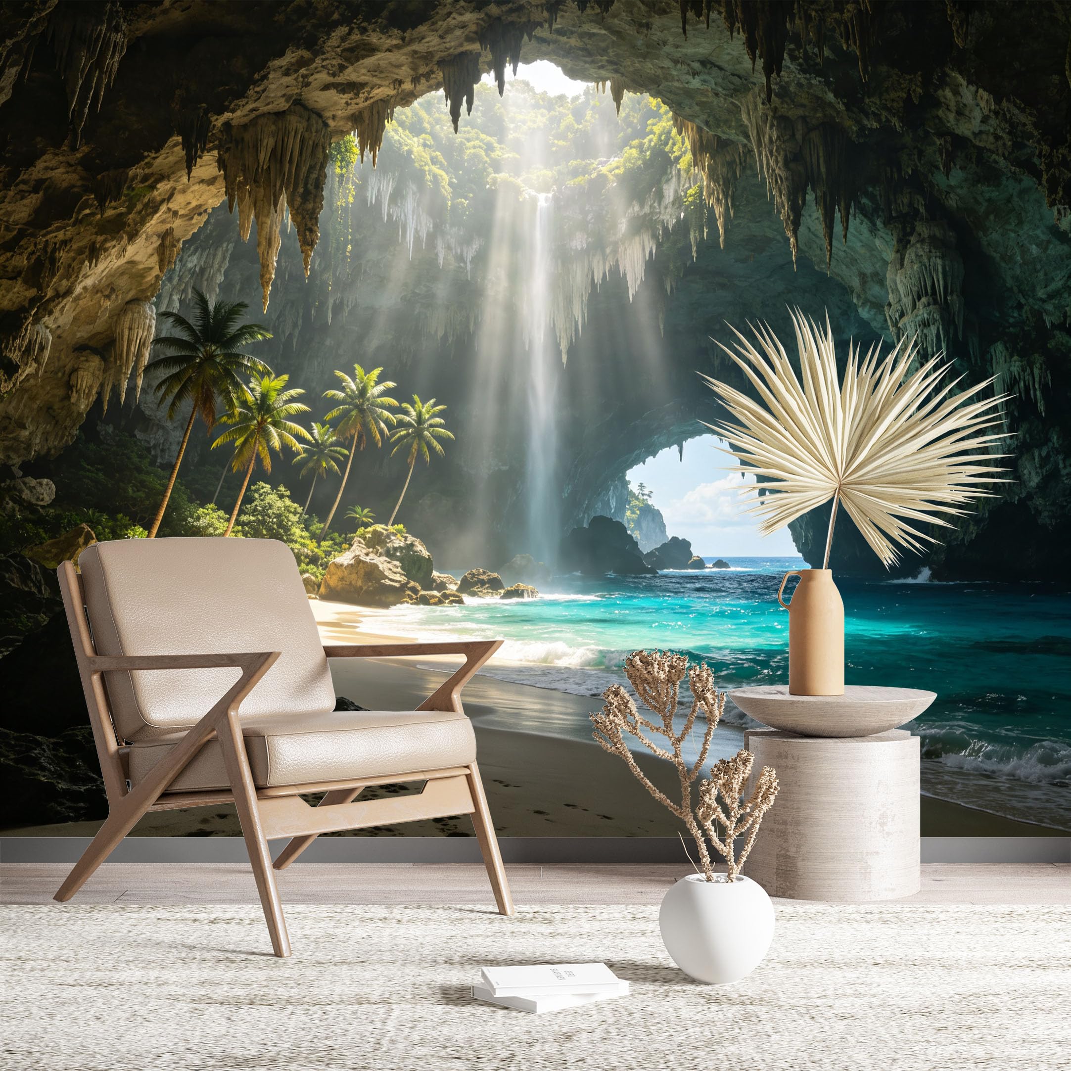 Custom Size Wall Murals Bright Tropical Cave Beach Scenery HD Self-Adhesive Wall Fabric (NO PVC) Removable Wallpaper for Living Room Bedroom