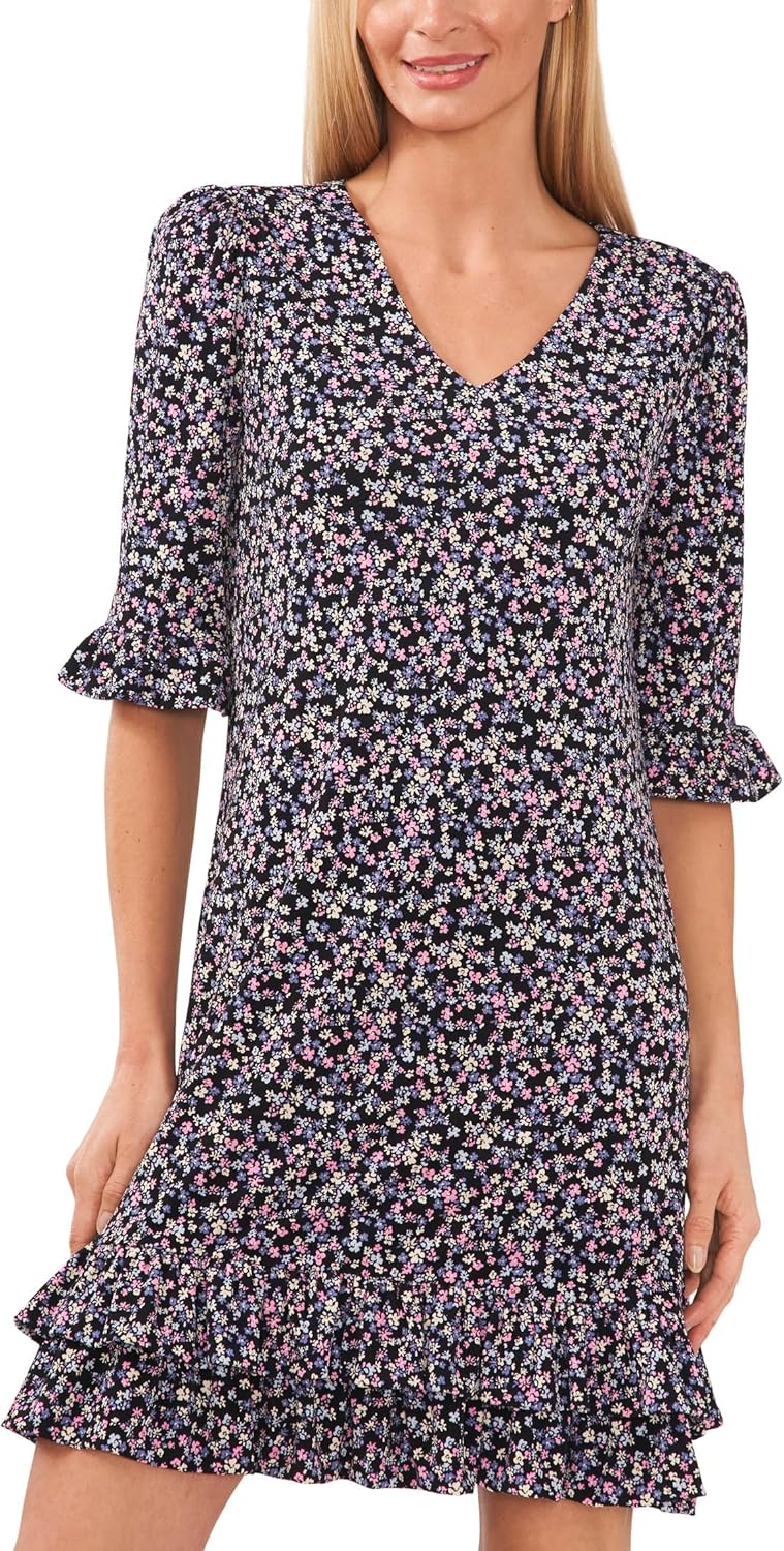 CeCe Womens V-Neck Knit Dress W/Ruffle Hem