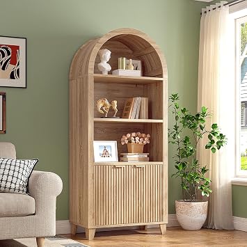 DurayLoly Arched Cabinet, 5-Tier Storage Shelves, Light Oak | Mid Century Design with Fluted Doors, Anti-Tipping for Kids and Pets