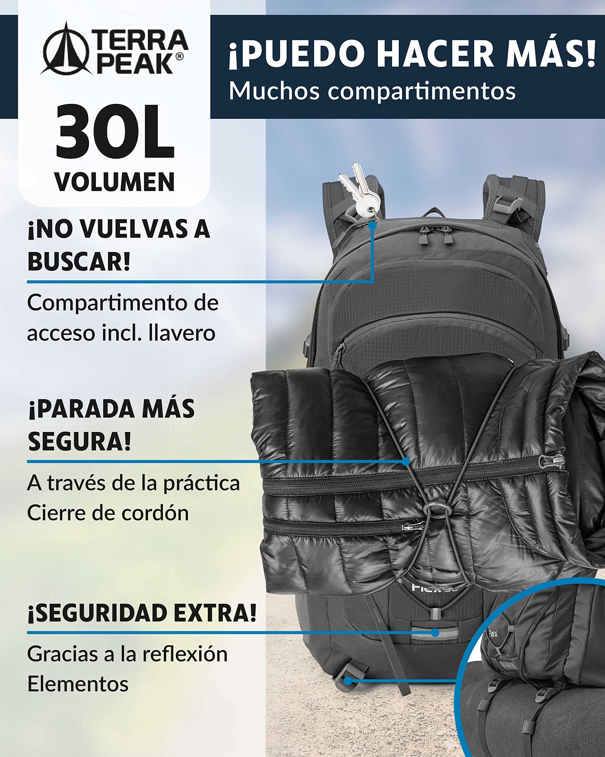 Terra Peak® Mochila de Senderismo 30L para hombre y mujer (FLEX 30 MEDIO) - Mochila de montaña, trekking y viaje para exteriores, ergonómica e impermeable, con ventilación trasera (transpirable)