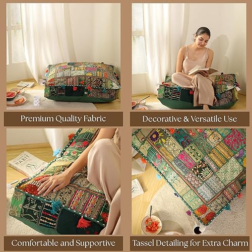 Miniatura 6 de THE ART BOX Almohadas de Suelo y Fundas de Cojín de Algodón Patchwork Vintage Boho Bordadas, Puf para Perro, Puf de Asiento, Almohada de Meditación,