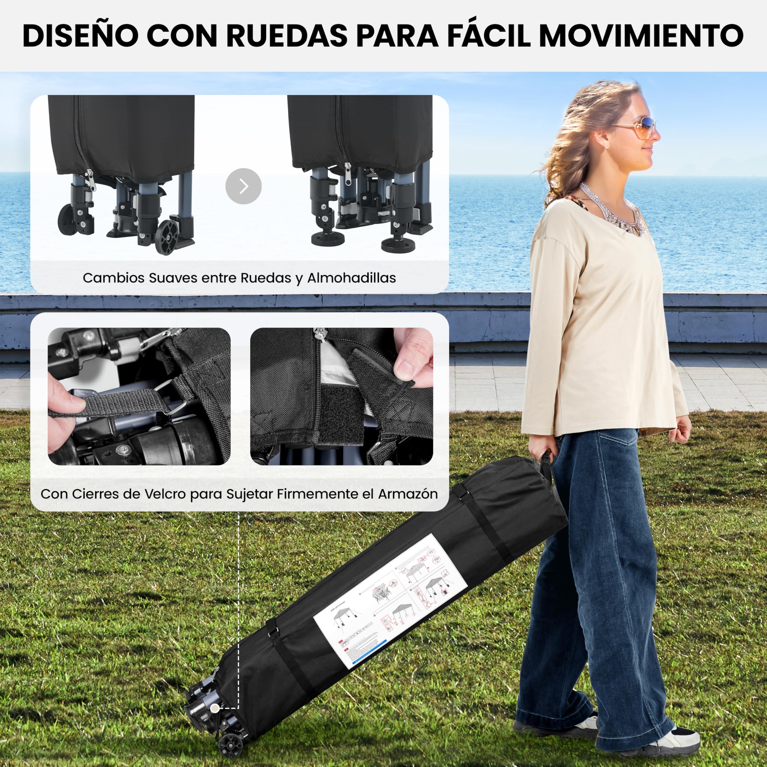 Yaheetech Carpa Pop-Up 3x3M con Ruedas, Cenador Altura Ajustable UPF 50+ con 1 Bolsa 4 Sacos de Arena 4 Cuerdas de Sujeción para Playa, Patio, Camping y Jardín (Blanco)