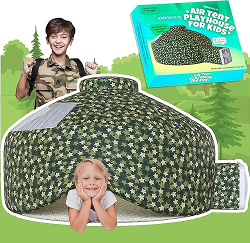 Skywin Tienda de campaña de aire con estrellas de camuflaje grandes con piso para niños, fuerte inflable para niños que se instala y se almacena en