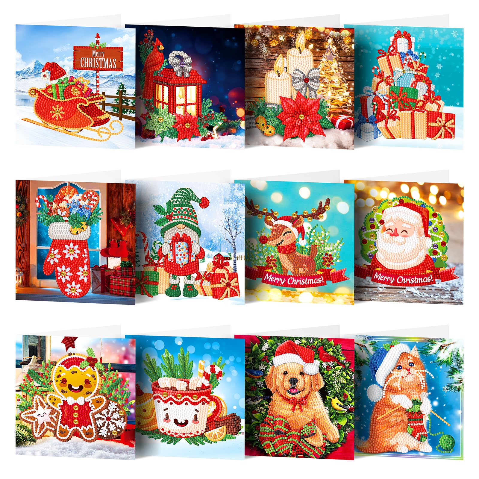 POETRYDRAW 12Pcs DIY Diamond Art Christmas Greeting Card Set with Envelopes & Tools - Creative Birthday & Thanksgiving Cards (Merry Christmas)