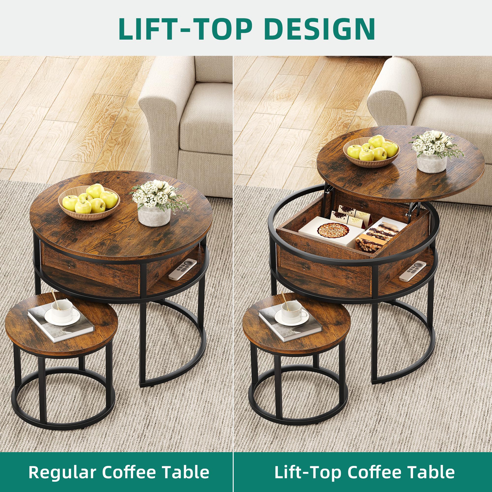 YITAHOME Tavolino da Caffè sollevabile, Set di 2 Tavolino Soggiorno Moderno, Tavolo da Divano Rotondo 60x60x50cm, 38x38x30cm
