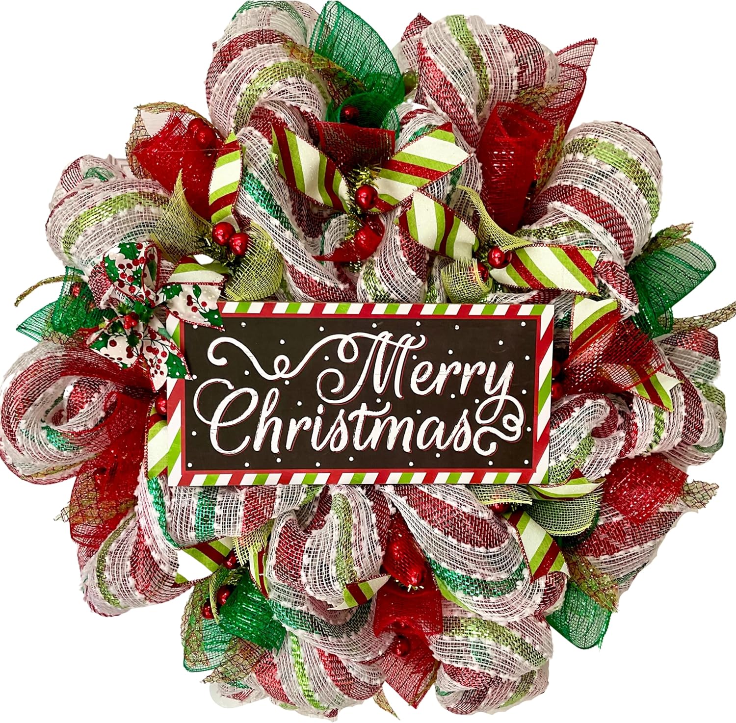 Merry Christmas Red and Green Striped Wreath Handmade Deco Mesh Available in 24 inch and 28 inch diameters