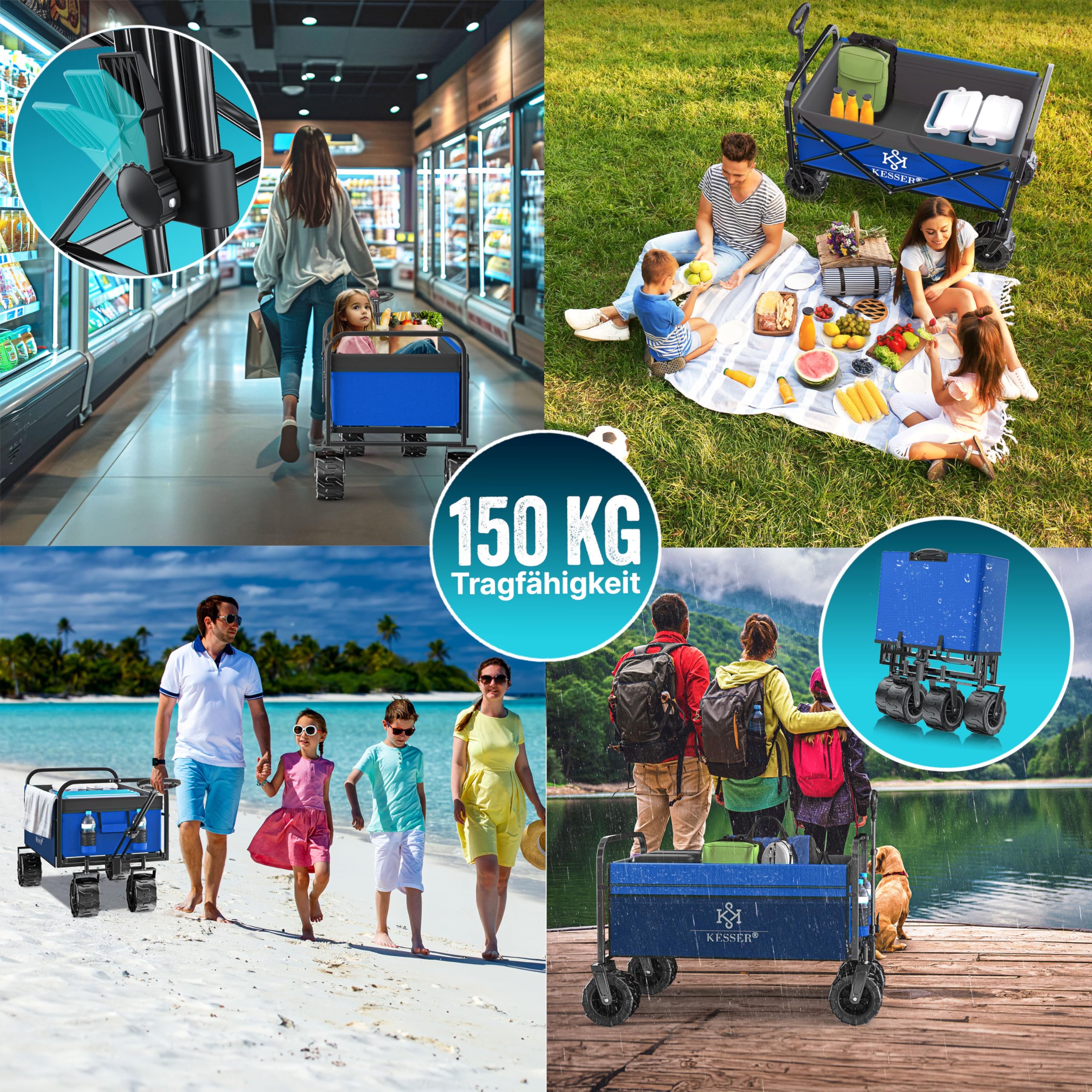 KESSER Chariot de transport pliable - Charge maximale : 150 kg - Avec pneus larges en caoutchouc solide - Chariot de transport avec 2 poches en filet et poche latérale - Chariot de transport pliable