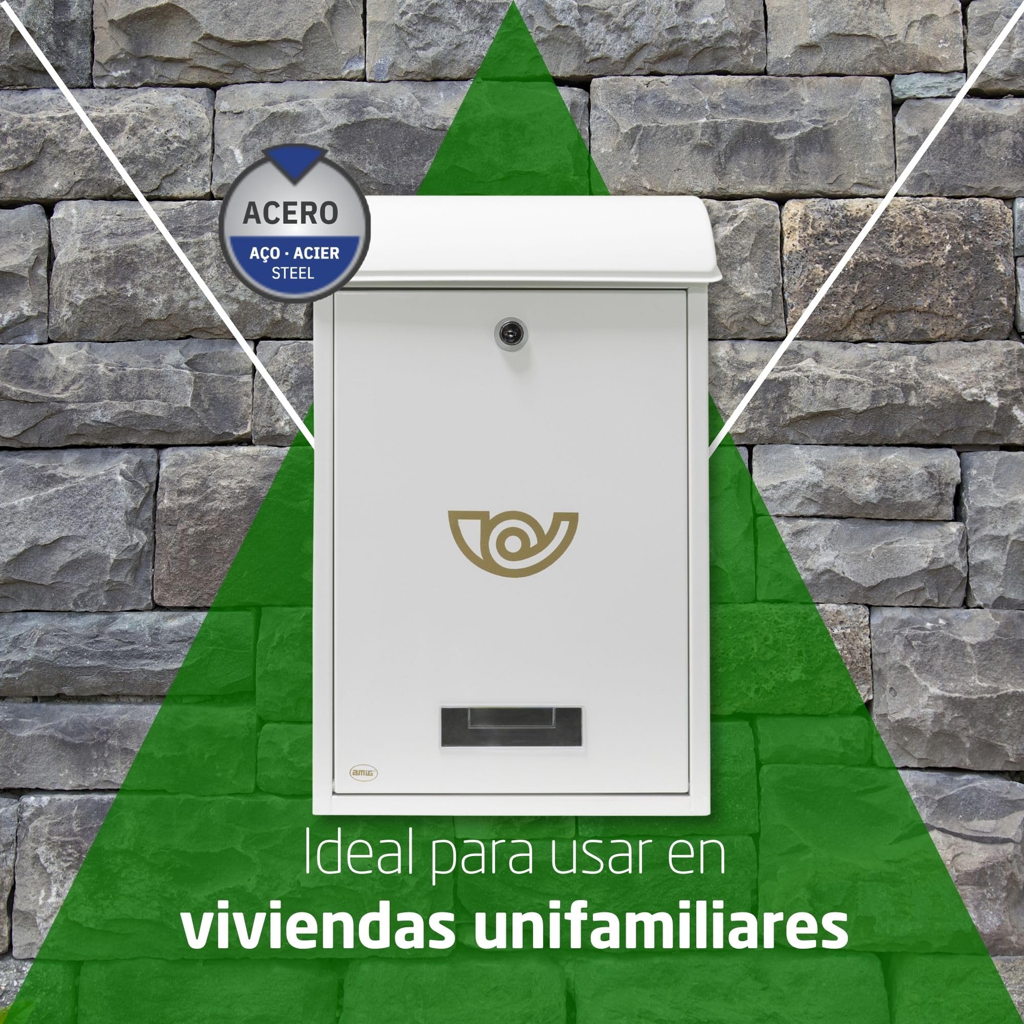 Amig - Buzón Exterior de Pared - Tamaño Compacto para DIN A4 - Apertura Frontal con Cerradura - Acero - Blanco - Fácil de Instalar en Puertas o Verjas - 40 x 24 x 8 cm
