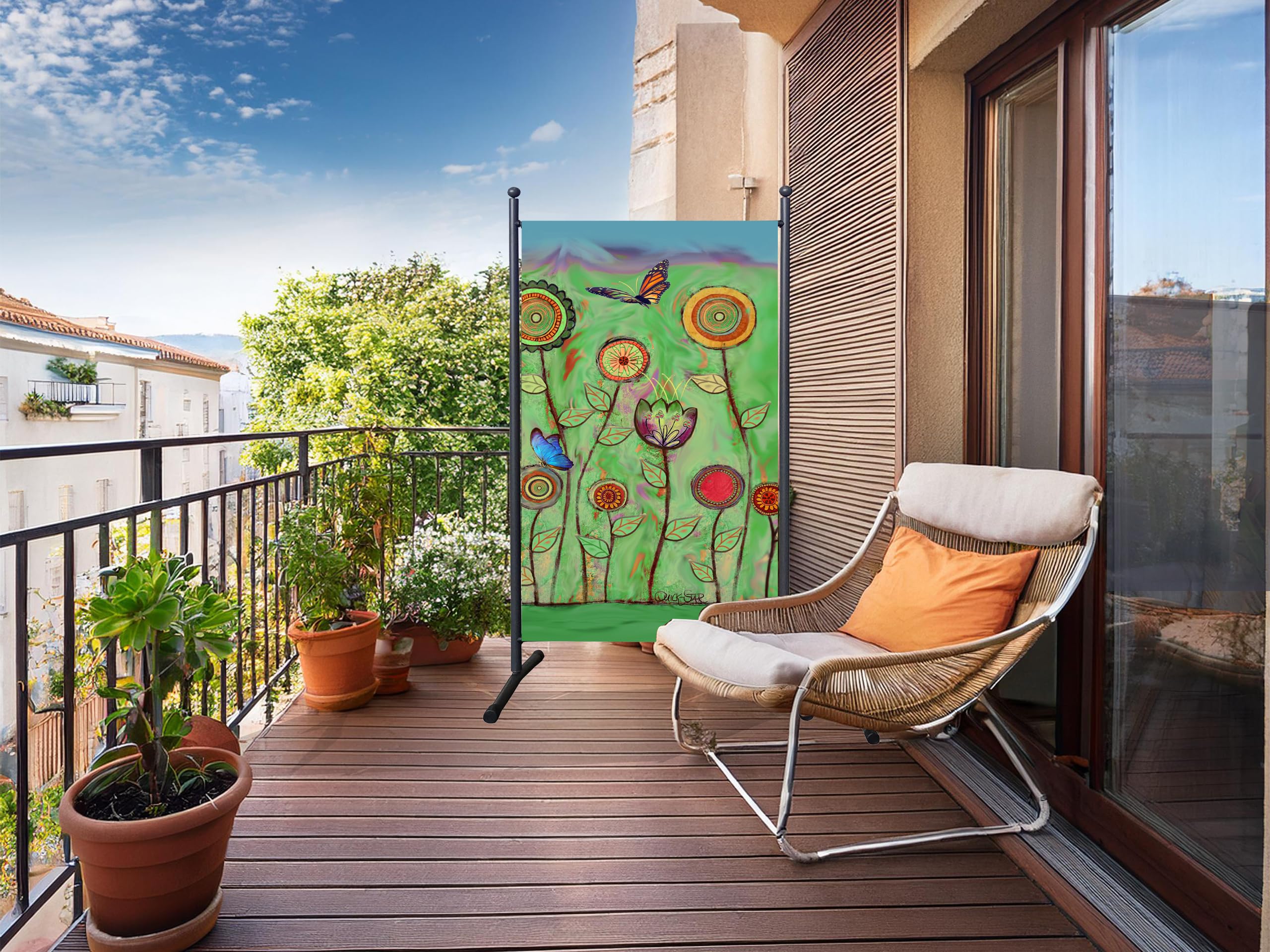 QUICK STAR Parawan do użytku na zewnątrz, odporny na warunki atmosferyczne, 180 x 78 cm, zielone kwiaty, ścianka działowa, ścianka działowa, ścianka działowa, do ogrodu i na balkon, nieprzejrzysty