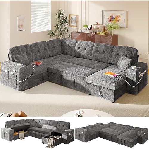 Modular Sectional Sleeper Sofa with Pull Out Bed, U Shaped 7 Seat Sectional Couches for Living Room, 108 Inch Sofa Bed with Adjustable Backrest | Hidden Storage | Wide Armrest | Grey