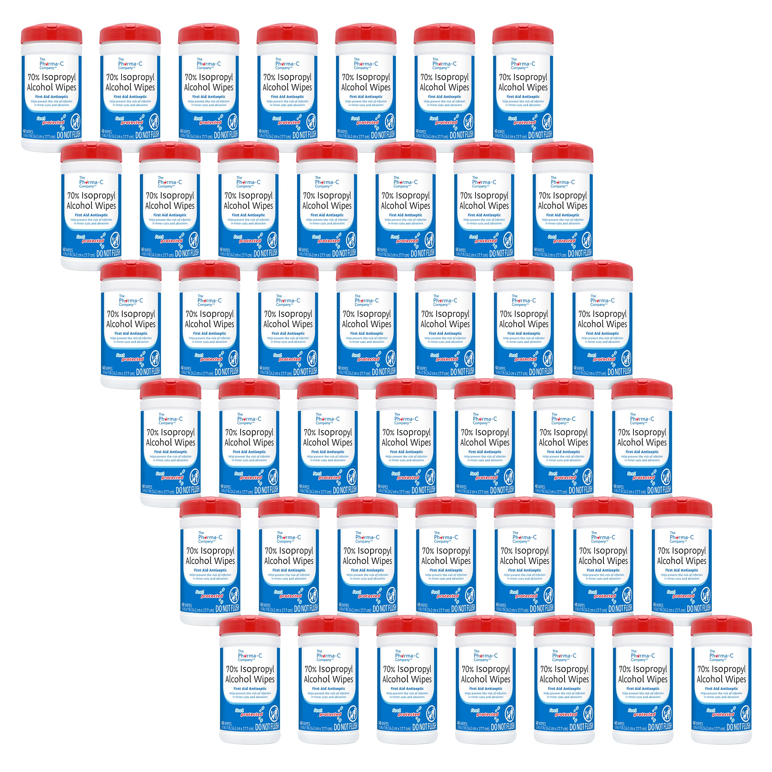 Pharma-C 70% Isopropyl Alcohol Wipes [6 pack of 6ct cases - 36ct Total] - Bulk IPA First Aid Antiseptic Wound Cleaner with Moisture Lock Lid. For minor cuts, scrapes, and burns.