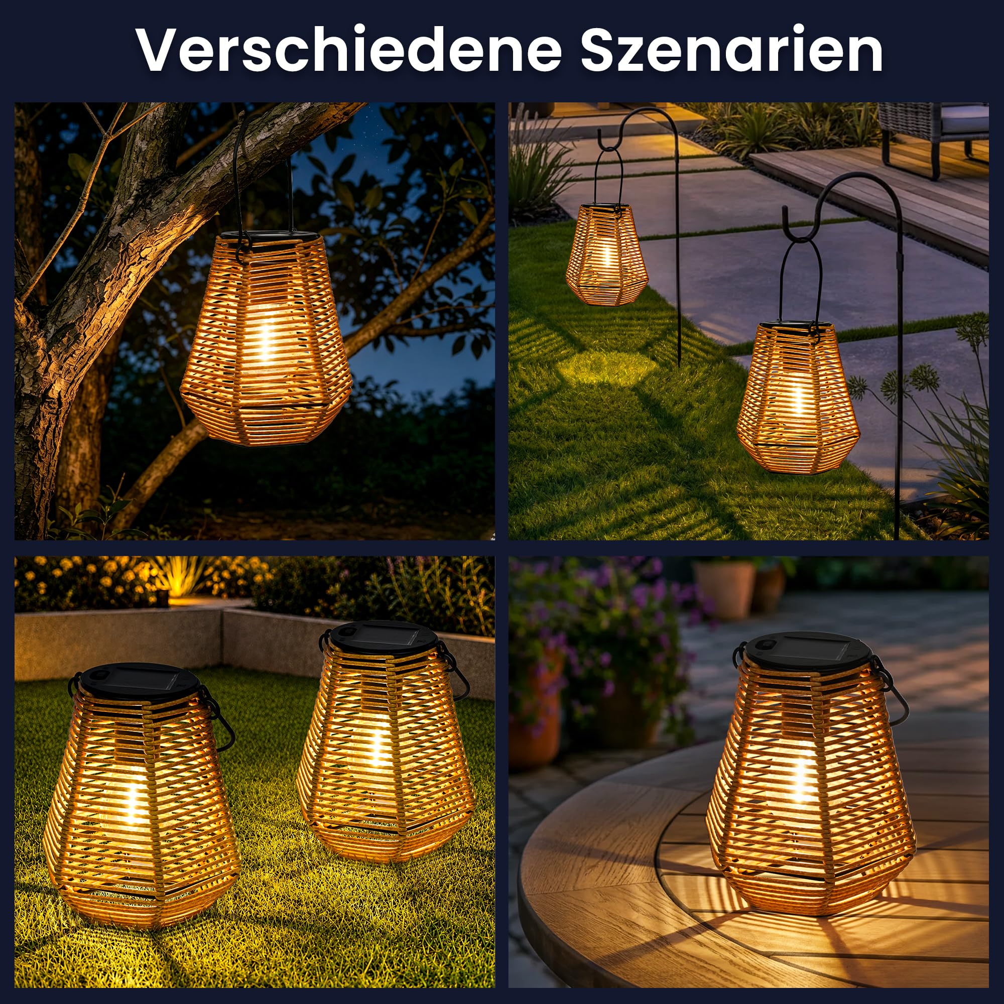 GIGALUMI Solarlampen für außen Hängend,2 Stück Rattan Solar Laternen für draußen, IP44 Wasserdicht Gartendeko für draußen Wetterfest, Handgestrickte Laternen für Patio,Terrasse,Hof, Sechseckig