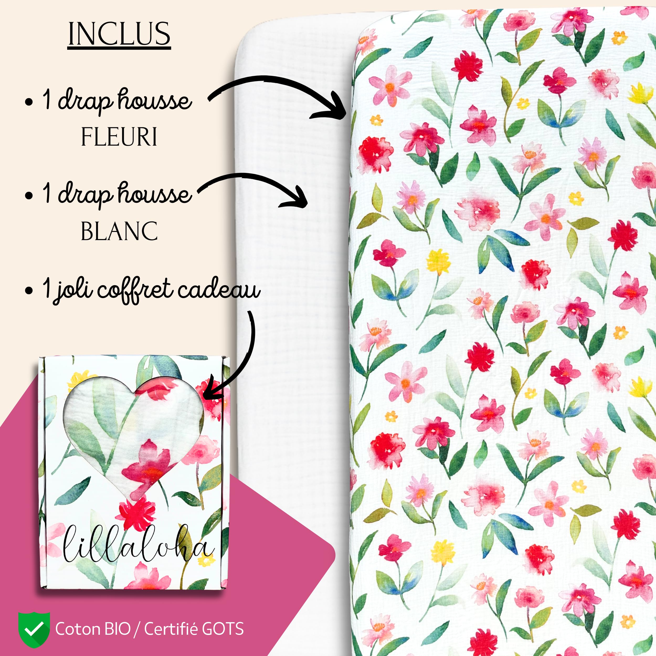 Lot 2 Draps Housse Bébé 60x120 cm – 100% Gaze de Coton Bio GOTS, Idéal Peaux Sensibles, Ultra Doux, Respirant – Lit Parapluie Enfant – Coffret Cadeau Naissance – Fleurs de Printemps, Fille
